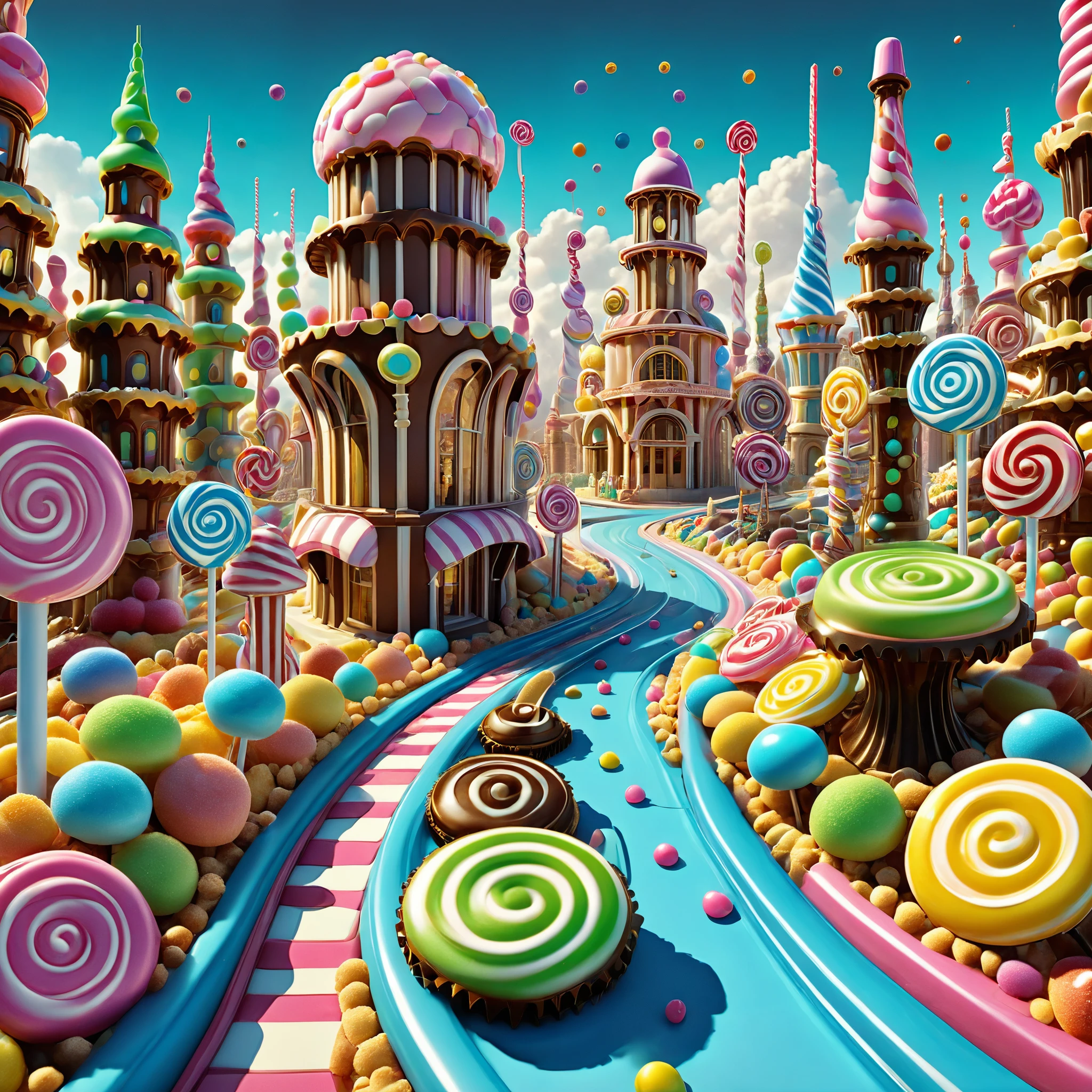 Imagine a candy city in the style of Giorgio de Chirico's metaphysical art, with elongated shadows and surreal juxtapositions of gears and candy structures. 8K resolution, photorealistic.