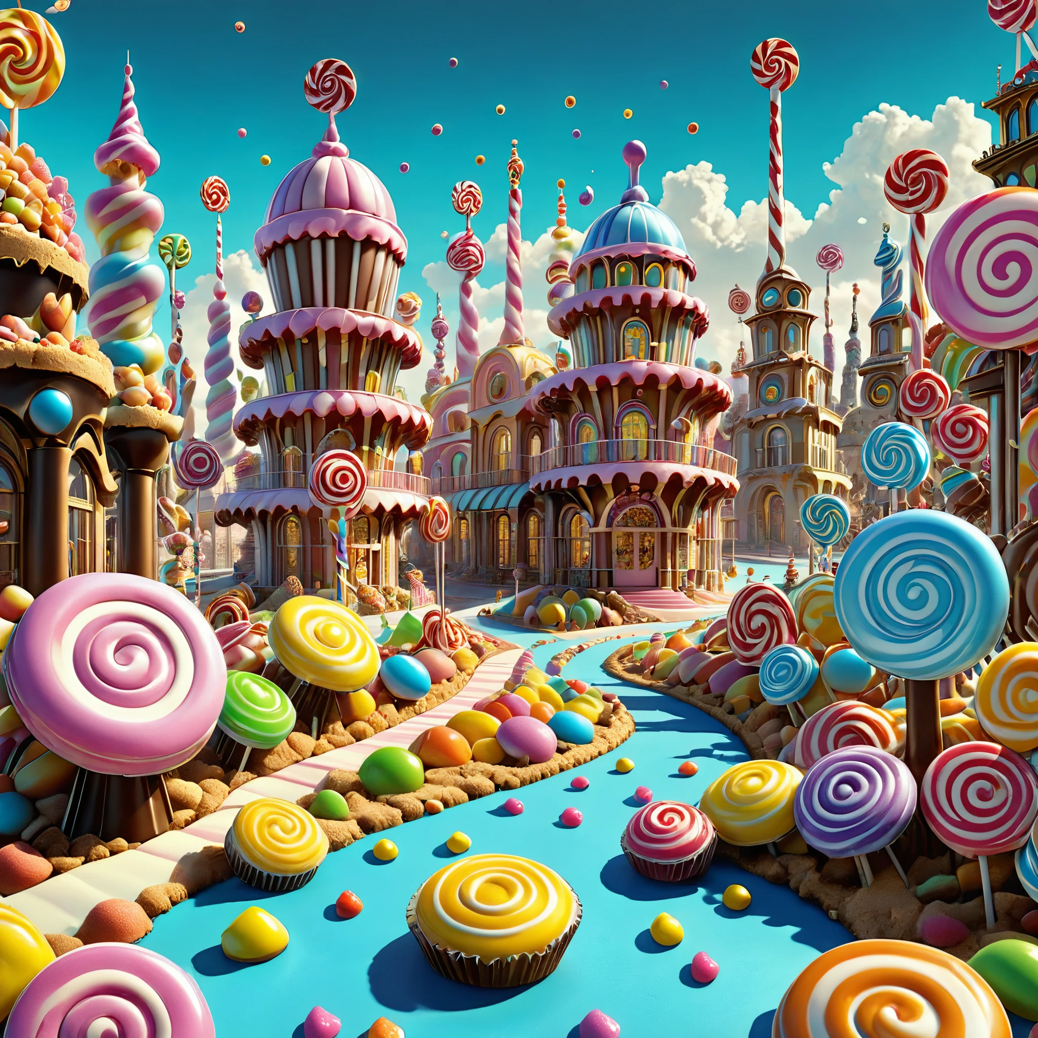 Imagine a candy city in the style of Giorgio de Chirico's metaphysical art, with elongated shadows and surreal juxtapositions of gears and candy structures. 8K resolution, photorealistic.