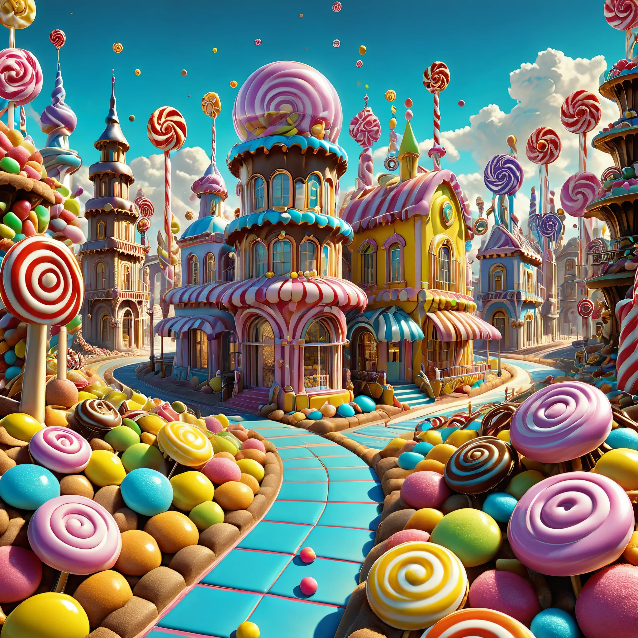 Imagine a candy city in the style of Giorgio de Chirico's metaphysical art, with elongated shadows and surreal juxtapositions of gears and candy structures. 8K resolution, photorealistic.