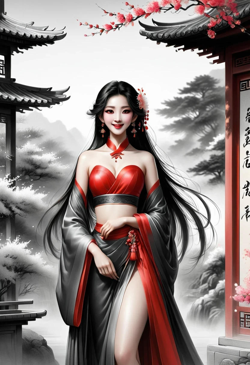 China，Tavern hostess，owner，Red Hanfu，Beautiful hair accessories，Stand up，front，Looking at the audience，Full Body Love，Standing solemnly，Smile，Spring breeze full of petals，Maximum chest，Bare thighs，Fully understand，The artwork should transition from a pencil drawing style in black and white on the left half to vibrant colors on the right half, Ensure a seamless integration between the two halves without any dividing line, The scene is identical on both sides, with the left side featuring detailed black and white pencil strokes and the right side filled with colors, creating a harmonious blend across the image