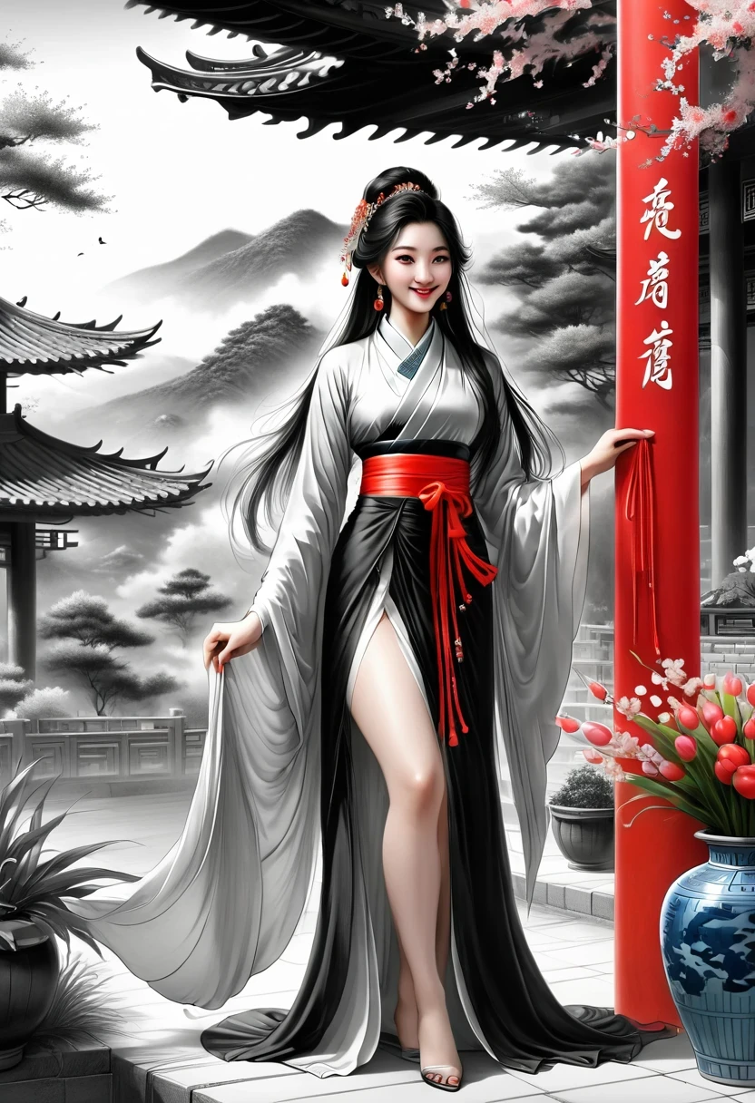 China,Tavern hostess,owner,Red Hanfu,Beautiful hair accessories,Stand up,front,Looking at the audience,Full Body Love,Standing solemnly,Smile,Spring breeze full of petals,Maximum chest,Bare thighs,Fully understand,The artwork should transition from a pencil drawing style in black and white on the left half to vibrant colors on the right half, Ensure a seamless integration between the two halves without any dividing line, The scene is identical on both sides, with the left side featuring detailed black and white pencil strokes and the right side filled with colors, creating a harmonious blend across the image