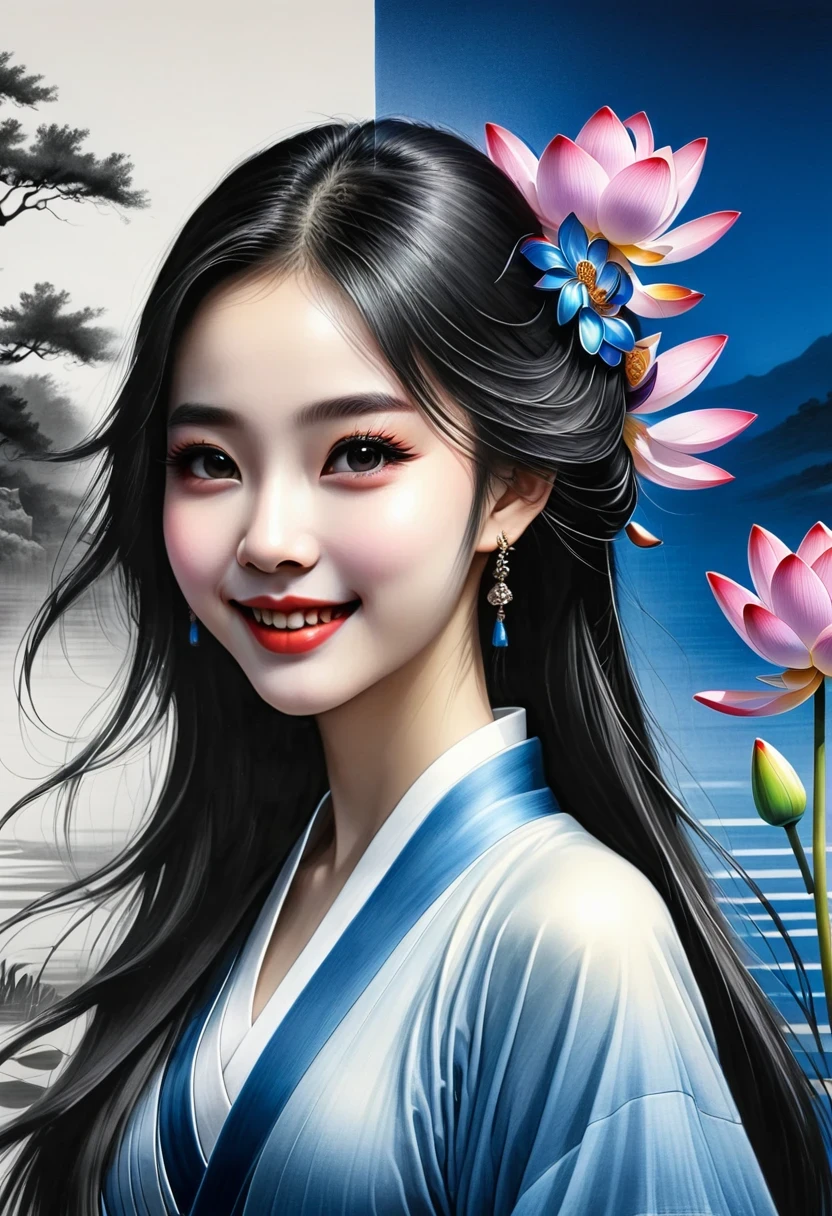 ((4K,masterpiece,best quality)), Bisim, Traditional Chinese ink painting, lotus, Hanfu, maxiskit, Dress conservatively 1girl, Solitary, Blue long hair, Smile, permanent, Feet in water, barefoot,The artwork should transition from a pencil drawing style in black and white on the left half to vibrant colors on the right half, Ensure a seamless integration between the two halves without any dividing line, The scene is identical on both sides, with the left side featuring detailed black and white pencil strokes and the right side filled with colors, creating a harmonious blend across the image