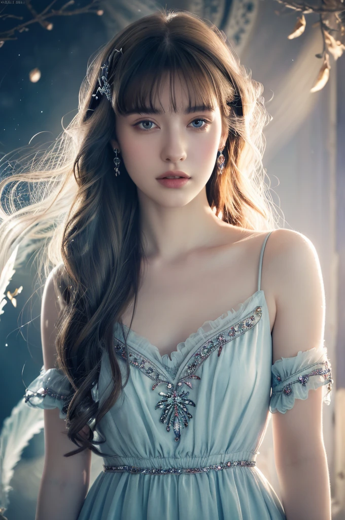 ( masterpiece, top quality, best quality,8k,17 years old girl,ultra detailed,raw photo:1.5),(photorealistic:1.4),(cinematic lighting), PerfectNwsjMajic, , Surrealism, UHD, ccurate, Super detail, textured skin, High detail, Best quality, dynamic angle, (high nose,White skin),[Beautiful blue eyes],[flat chest:large breasts:0.5],(1girl),(good anatomy:0.5)), of a woman in a dress with a Magic , ((a beautiful fantasy empress)), beautiful fantasy maiden, Dreamy atmosphere,mystical ambiance, Artistic interpretation,a whimsical illustration, Subtle colors and tones, mystical aura,portrait, parted bangs, long hair,sunshine, portrait