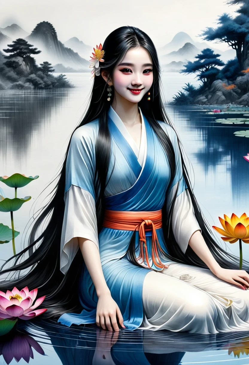 ((4K,masterpiece,best quality)), Bisim, Traditional Chinese ink painting, lotus, Hanfu, maxiskit, Dress conservatively 1girl, Solitary, Blue long hair, Smile, permanent, Feet in water, barefoot,The artwork should transition from a pencil drawing style in black and white on the left half to vibrant colors on the right half, Ensure a seamless integration between the two halves without any dividing line, The scene is identical on both sides, with the left side featuring detailed black and white pencil strokes and the right side filled with colors, creating a harmonious blend across the image