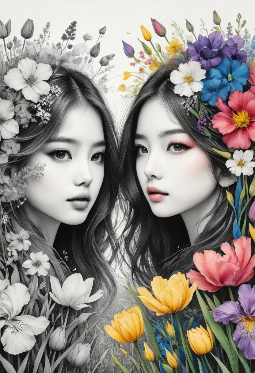 (Anime line drawing:1.5),(Black and White:1.45),Minimalism,(Line art:1.6),sketch,charcoal drawing,mask,flower,The artwork should transition from a pencil drawing style in black and white on the left half to vibrant colors on the right half, Ensure a seamless integration between the two halves without any dividing line, The scene is identical on both sides, with the left side featuring detailed black and white pencil strokes and the right side filled with colors, creating a harmonious blend across the image