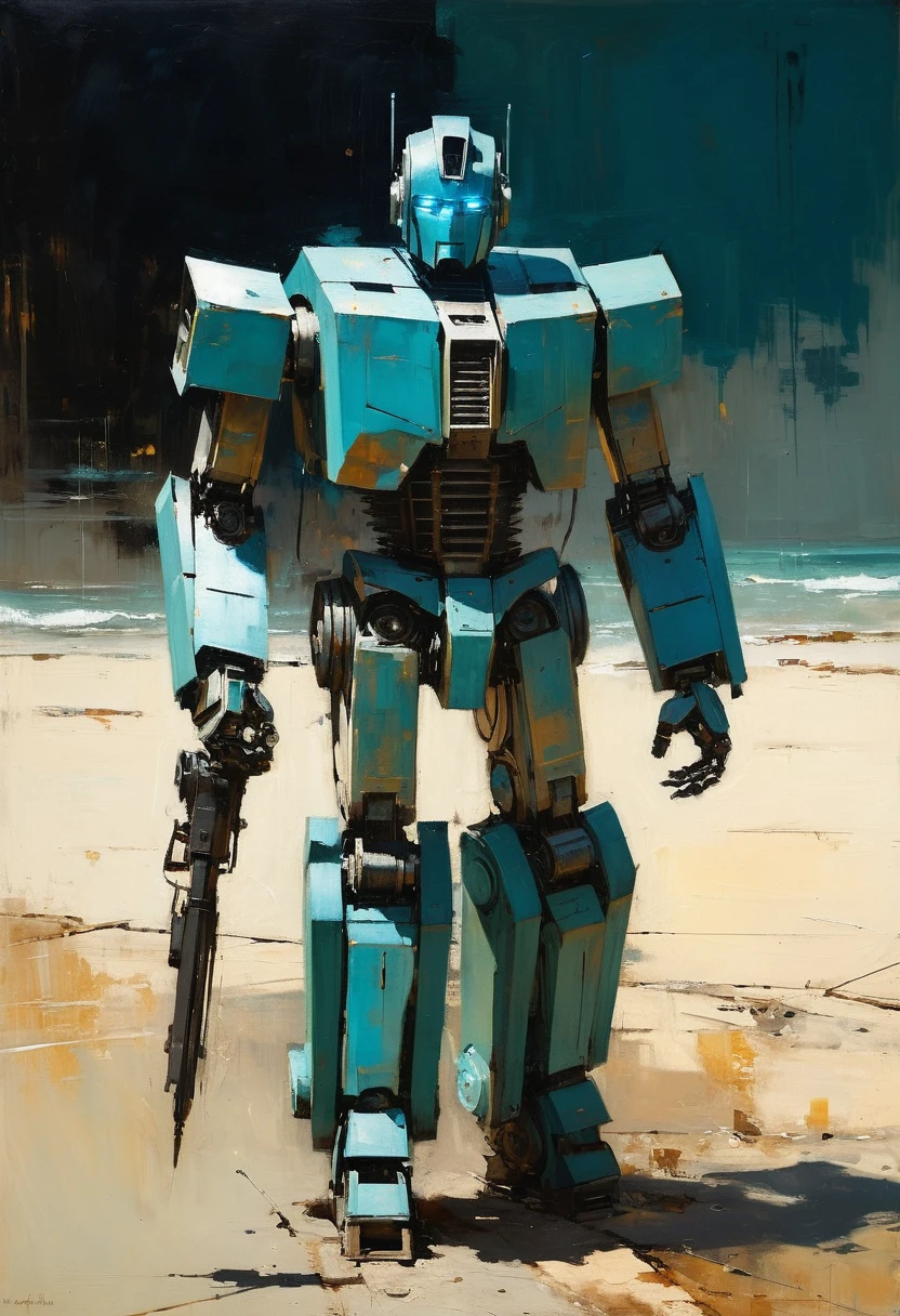 Full length view. Robot Transformer-Cogman, turquoise eyes, perfect eyes, best quality. Beautiful cinematic impressionistic painting, Dark dramatic character, in the style of Jeremy Mann and Charles Dana Gibson, Mark Demsteader, Paul Hedley
