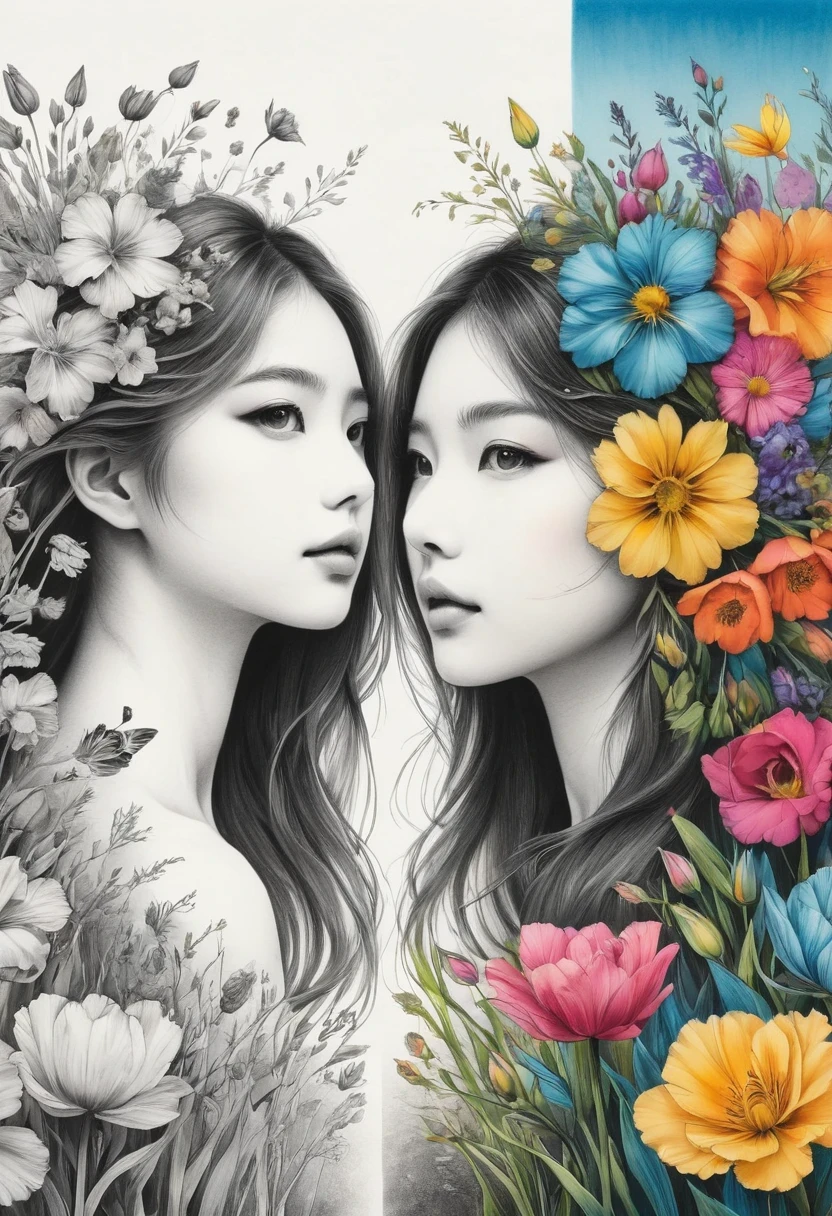 (Anime line drawing:1.5),(Black and White:1.45),Minimalism,(Line art:1.6),sketch,charcoal drawing,mask,flower,The artwork should transition from a pencil drawing style in black and white on the left half to vibrant colors on the right half, Ensure a seamless integration between the two halves without any dividing line, The scene is identical on both sides, with the left side featuring detailed black and white pencil strokes and the right side filled with colors, creating a harmonious blend across the image