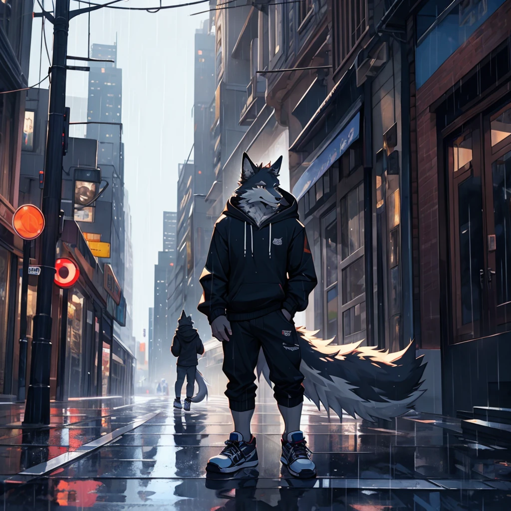 male, black fur, wolf, raining, city street, hoodie, realistic eyes, high quality, highlight, shade, long tail, tail, high detailed, high quality detailes, shadows, sneakers, male focus