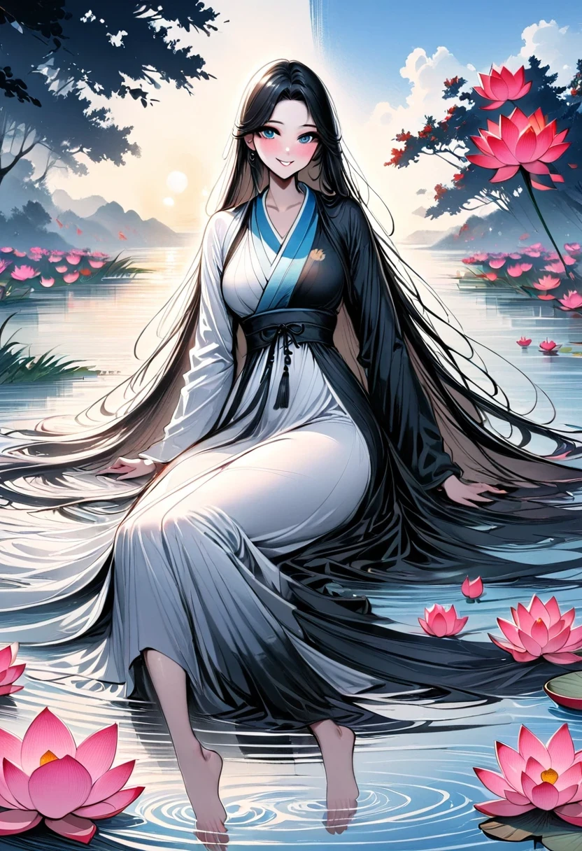 ((4K,masterpiece,best quality)), Bisim, Traditional Chinese ink painting, lotus, Hanfu, maxiskit, Dress conservatively 1girl, Solitary, Blue long hair, Smile, permanent, Feet in water, barefoot,The artwork should transition from a pencil drawing style in black and white on the left half to vibrant colors on the right half, Ensure a seamless integration between the two halves without any dividing line, The scene is identical on both sides, with the left side featuring detailed black and white pencil strokes and the right side filled with colors, creating a harmonious blend across the image