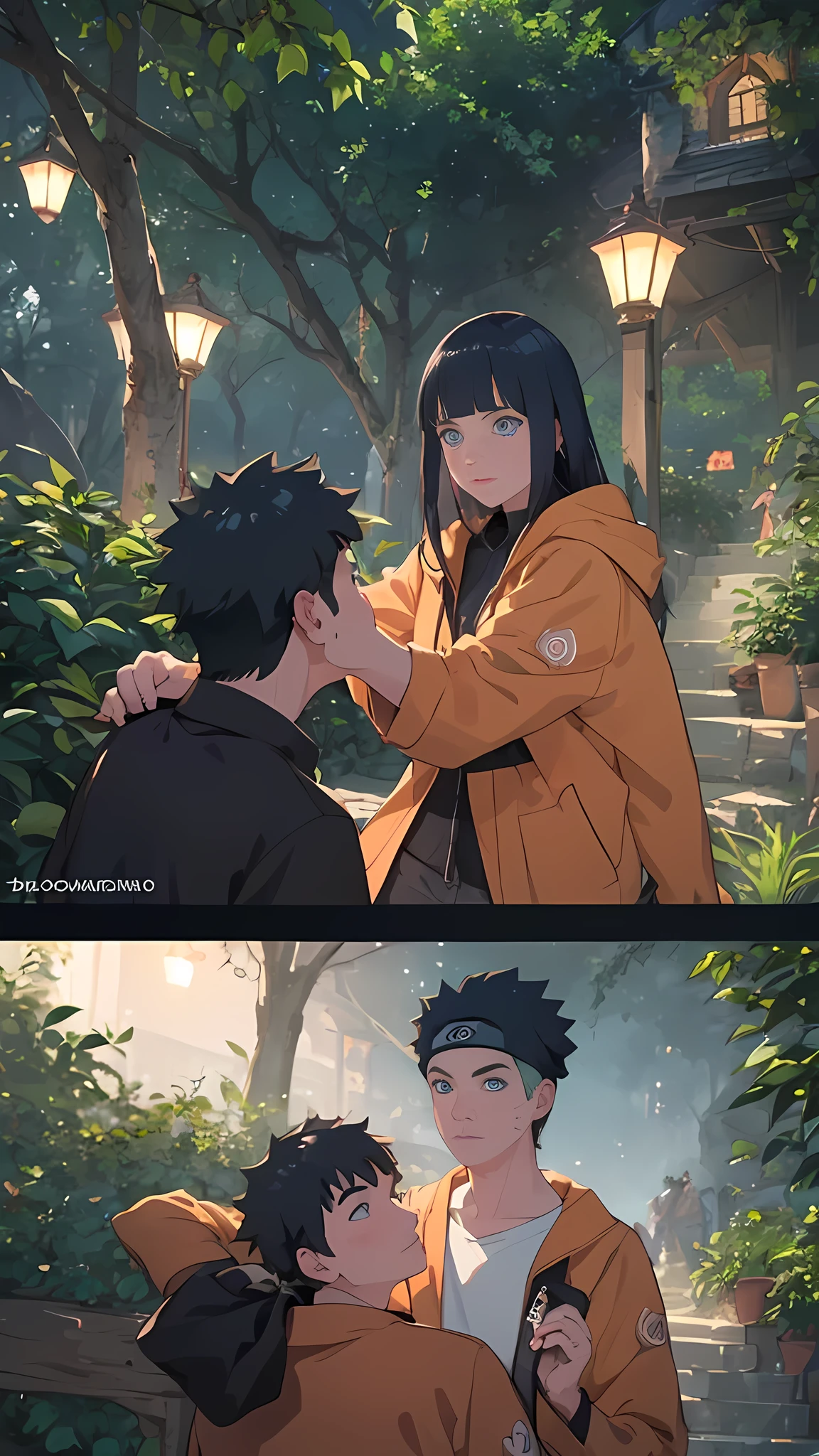 (high quality,masterpiece:1.2),ultra-detailed,physically-based rendering,realistic,
young couple kissing in a garden softly,romantic atmosphere,emotional connection,
detailed facial expressions,beautiful eyes and lips,
soft moonlight illuminating the scene,creating a dreamy ambiance,
lush greenery surrounding them,adding a touch of nature,
the boy with dark black hair resembling Hinata from "Naruto",
the girl with long blonde hair similar to Naruto's,
peaceful tranquility in the nighttime setting,
the couple's hands casually tucked into their pockets,
gentle breeze rustling their clothes,
subtle shadows playing across their faces,
vivid colors enhancing the overall visual impact,
a perfect blend of tenderness and passion in their embrace,
capturing the essence of young love,
a timeless moment frozen in art.