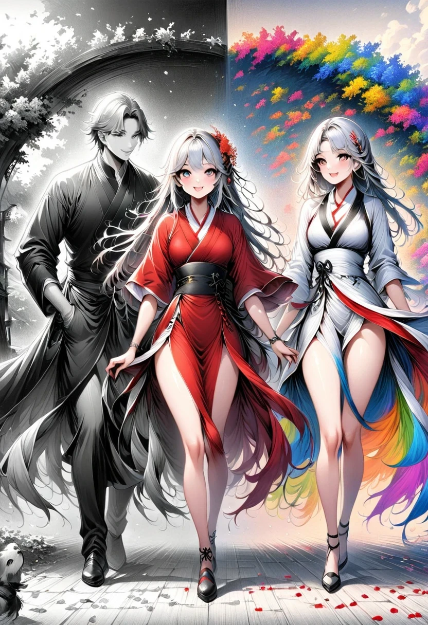 China，Tavern hostess，owner，Red Hanfu，Beautiful hair accessories，Stand up，front，Looking at the audience，Full Body Love，Standing solemnly，Smile，Spring breeze full of petals，Maximum chest，Bare thighs，Fully understand，The artwork should transition from a pencil drawing style in black and white on the left half to vibrant colors on the right half, Ensure a seamless integration between the two halves without any dividing line, The scene is identical on both sides, with the left side featuring detailed black and white pencil strokes and the right side filled with colors, creating a harmonious blend across the image