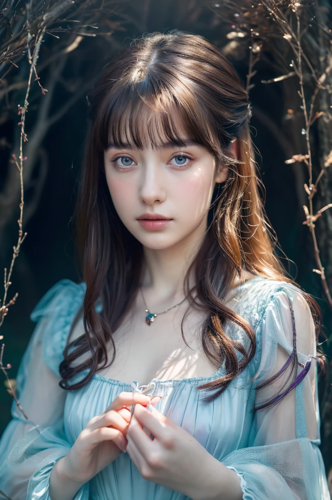 ( masterpiece, top quality, best quality,8k,17 years old girl,ultra detailed,raw photo:1.5),(photorealistic:1.4),(cinematic lighting), PerfectNwsjMajic, , Surrealism, UHD, ccurate, Super detail, textured skin, High detail, Best quality, dynamic angle, (high nose,White skin),[Beautiful blue eyes],[flat chest:large breasts:0.5],(1girl),(good anatomy:0.5)), of a woman in a dress with a Magic , ((a beautiful fantasy empress)), beautiful fantasy maiden, Dreamy atmosphere,mystical ambiance, Artistic interpretation,a whimsical illustration, Subtle colors and tones, mystical aura,portrait, parted bangs, long hair,sunshine, portrait