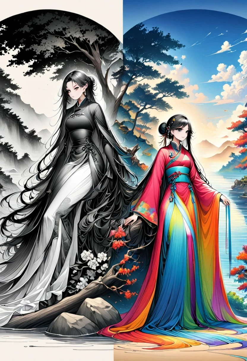 manganese,1 Girl,Solitary,Long hair,water,Black Hair,jewelry,Hair Bun,earrings,Chinese clothes,Hanfu,Hair accessories,flower,Branches,Long sleeve,skirt,rock,sash,single Hair Bun,Tree,whole body,permanent,The artwork should transition from a black and white pencil sketch style on the left half to bright colors on the right half, Ensure seamless integration of the two halves，No dividing line, The scenes on both sides are exactly the same, Detailed black and white pencil strokes on the left，The right side is filled with color, Create a fusion