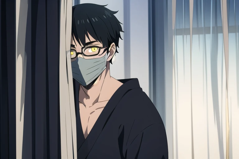 male, black hair, curtained hair, mask, bespectacled, glowing eyes, yellow eyes, sobretudo preto