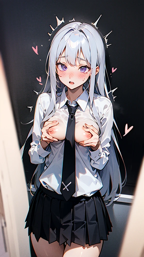  naked, blush, surprised expression, heart eyes, long hair, trembling body, white shirt, black microskirt , necktie, silver hair, purple eyes, NSFW 