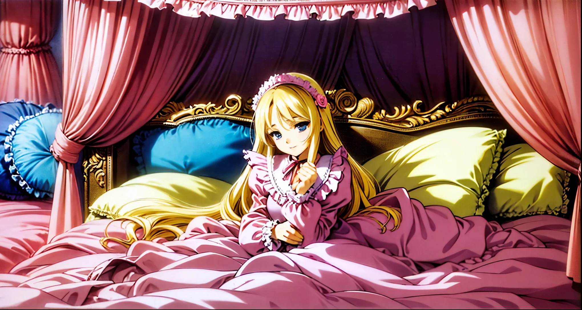 ,highest quality, masterpiece, Highest Resolution, artwork, super それにGet used to it, many Get used to it, Get used to it, それにGet used to it, 3K anime illustrations,(( 10 year old girl)),Super detailed baby face,high quality small face,long blonde hair that grows to the waist,blue eyes,白い肌のEuropean,pajamas, European,(((Super long blonde hair))),Curly Hair,blue eyes,((((ピンクのロリータファッションのLong skirtのワンピースドレス)))),((A pink nightgown with lots of frills and ribbons)),((A gorgeous headdress with frills and ribbons)),Detailed headdress,,(((Large yoke collar))),Yoke collar with ruffles and bow,((((Long sleeve)))),Ruffle sleeves,((((Long skirt)))),White ruffle and lace socks,Large frill and ribbon pillow,(((Nice pink outfit))),豪華なCanopy bedの上,Canopy bed,The bed is surrounded by luxurious curtains.,There were a lot of frilly pillows on the bed.,There are a lot of frilly pillows behind the girl.,Highly detailed background,Detailed bed,Soft pink comforter,Very fine soft frilly pillow,Beautiful girl illustration,Beautiful face in every detail,Thin Hair,Detailed eyes ,Detailed eyess,Mouth details, Arm details,Beautiful Hands,Detailed pillow,Large bed,Illustration on the bed, ,((((Round futon)))),((((A large frilly futon that covers the entire bed)))),Detailed comforter,Detailed bedシーツ,Before bedtime,Romantic atmosphere,Palace Bedroom,((((The lower half of her body is hidden under the duvet and her puffy skirt.....)))) The girl is leaning against a pile of pillows, ,((((Round futon)))),((((A large frilly futon that covers the entire bed)))),