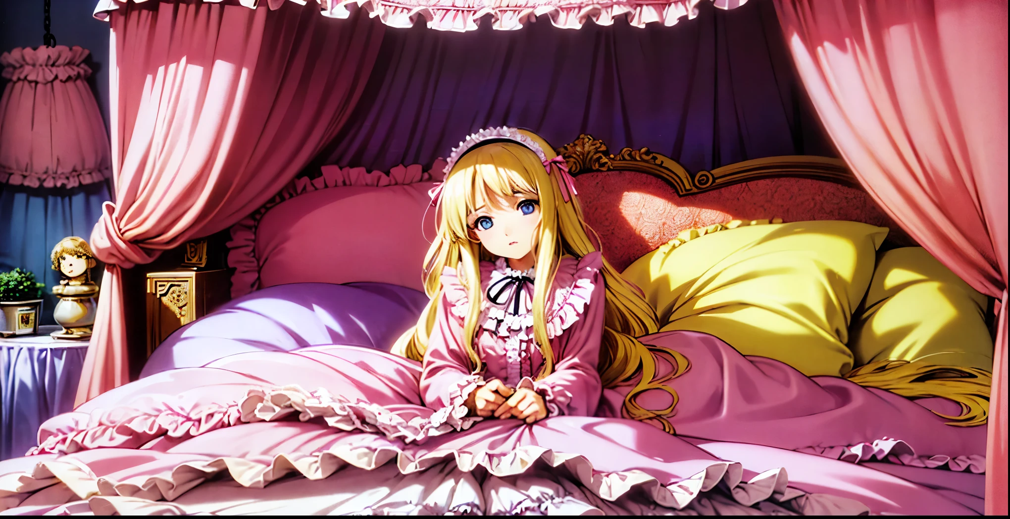 ,highest quality, masterpiece, Highest Resolution, artwork, super それにGet used to it, many Get used to it, Get used to it, それにGet used to it, 3K anime illustrations,(( 10 year old girl)),Super detailed baby face,high quality small face,long blonde hair that grows to the waist,blue eyes,白い肌のEuropean,pajamas, European,(((Super long blonde hair))),Curly Hair,blue eyes,((((ピンクのロリータファッションのLong skirtのワンピースドレス)))),((A pink nightgown with lots of frills and ribbons)),((A gorgeous headdress with frills and ribbons)),Detailed headdress,,(((Large yoke collar))),Yoke collar with ruffles and bow,((((Long sleeve)))),Ruffle sleeves,((((Long skirt)))),White ruffle and lace socks,Large frill and ribbon pillow,(((Nice pink outfit))),豪華なCanopy bedの上,Canopy bed,The bed is surrounded by luxurious curtains.,There were a lot of frilly pillows on the bed.,There are a lot of frilly pillows behind the girl.,Highly detailed background,Detailed bed,Soft pink comforter,Very fine soft frilly pillow,Beautiful girl illustration,Beautiful face in every detail,Thin Hair,Detailed eyes ,Detailed eyess,Mouth details, Arm details,Beautiful Hands,Detailed pillow,Large bed,Illustration on the bed, ,((((Round futon)))),((((A large frilly futon that covers the entire bed)))),Detailed comforter,Detailed bedシーツ,Before bedtime,Romantic atmosphere,Palace Bedroom,((((The lower half of her body is hidden under the duvet and her puffy skirt.....)))) The girl is leaning against a pile of pillows, ,((((Round futon)))),((((A large frilly futon that covers the entire bed)))),