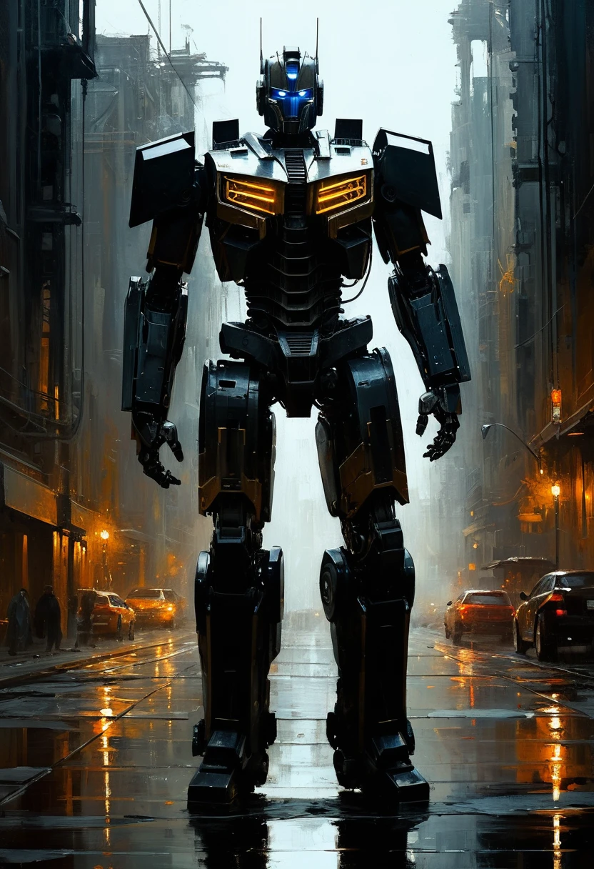 Full length view. Robot Transformer-Cogman, perfect eyes, best quality. Beautiful cinematic impressionistic painting, Dark dramatic character, in the style of Jeremy Mann and Charles Dana Gibson, Mark Demsteader, Paul Hedley
