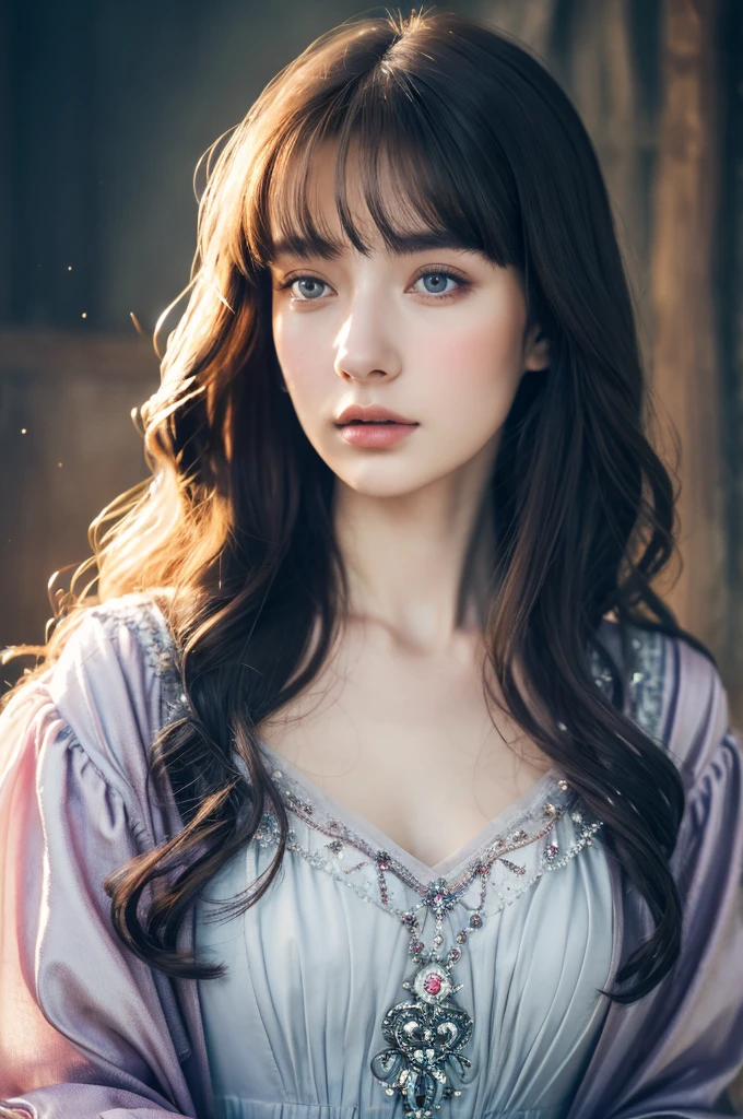 ( masterpiece, top quality, best quality,8k,17 years old girl,ultra detailed,raw photo:1.5),(photorealistic:1.4),(cinematic lighting), PerfectNwsjMajic, , Surrealism, UHD, ccurate, Super detail, textured skin, High detail, Best quality, dynamic angle, (high nose,White skin),[Beautiful blue eyes],[flat chest:large breasts:0.5],(1girl),(good anatomy:0.5)), of a woman in a dress with a Magic , ((a beautiful fantasy empress)), beautiful fantasy maiden, Dreamy atmosphere,mystical ambiance, Artistic interpretation,a whimsical illustration, Subtle colors and tones, mystical aura,portrait, parted bangs, long hair,sunshine, portrait
