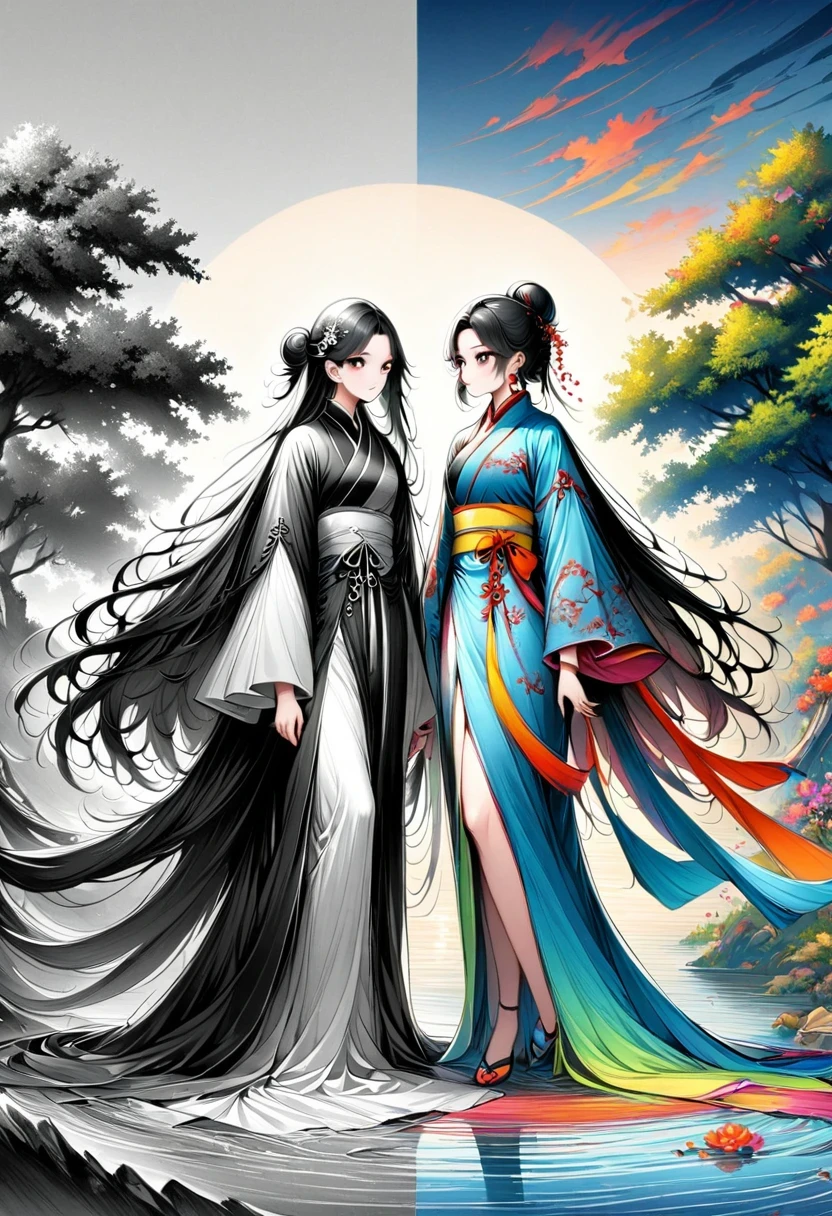 manganese,1 Girl,Solitary,Long hair,water,Black Hair,jewelry,Hair Bun,earrings,Chinese clothes,Hanfu,Hair accessories,flower,Branches,Long sleeve,skirt,rock,sash,single Hair Bun,Tree,whole body,permanent,The artwork should transition from a black and white pencil sketch style on the left half to bright colors on the right half, Ensure seamless integration of the two halves,No dividing line, The scenes on both sides are exactly the same, Detailed black and white pencil strokes on the left,The right side is filled with color, Create a fusion