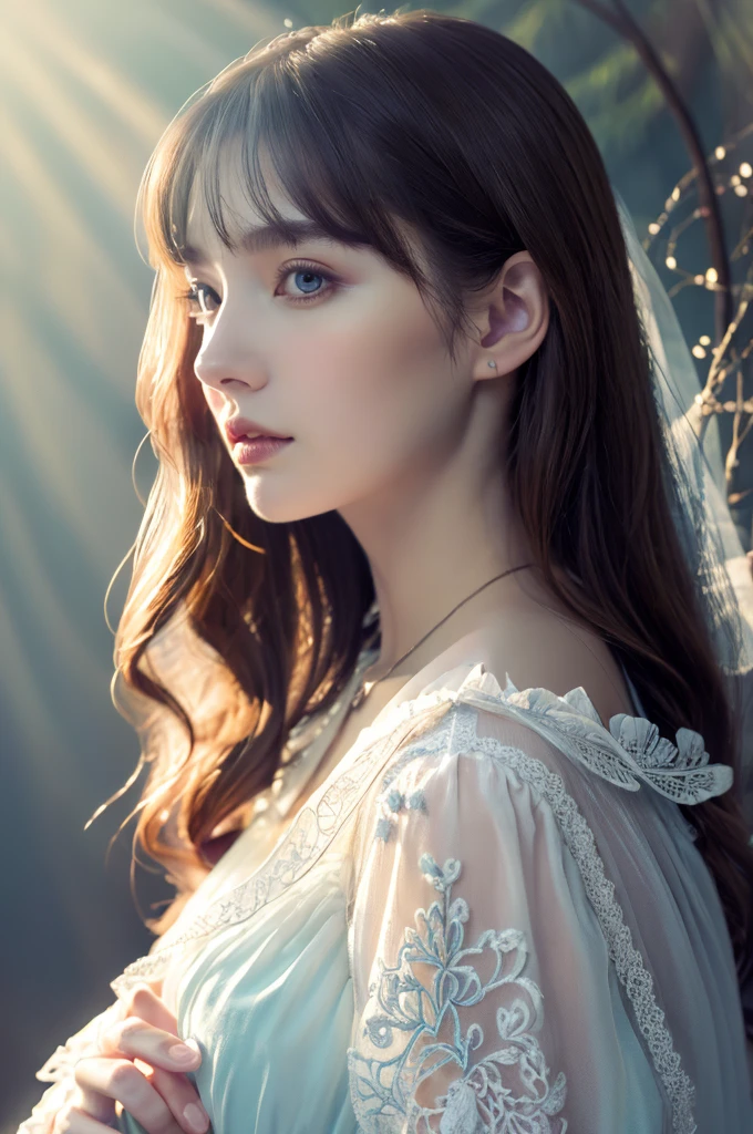 ( masterpiece, top quality, best quality,8k, girl,ultra detailed,raw photo:1.5),(photorealistic:1.4),(cinematic lighting), PerfectNwsjMajic, , Surrealism, UHD, ccurate, Super detail, textured skin, High detail, Best quality, dynamic angle, (high nose,White skin),[Beautiful blue eyes],[flat chest:large breasts:0.5],(1girl),(good anatomy:0.5)), of a woman in a dress with a Magic , ((a beautiful fantasy empress)), beautiful fantasy maiden, Dreamy atmosphere,mystical ambiance, Artistic interpretation,a whimsical illustration, Subtle colors and tones, mystical aura,portrait, parted bangs, long hair,sunshine, portrait