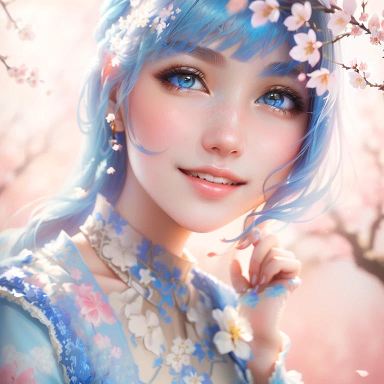 (a happy young girl,beautiful detailed eyes and lips,detailed face,1girl),painting,ornate,lace,light blue dress,off-shoulder,Japan,cherry blossom garden,serene atmosphere,peaceful,tranquil,scenic beauty,vibrant colors,soft lighting.
