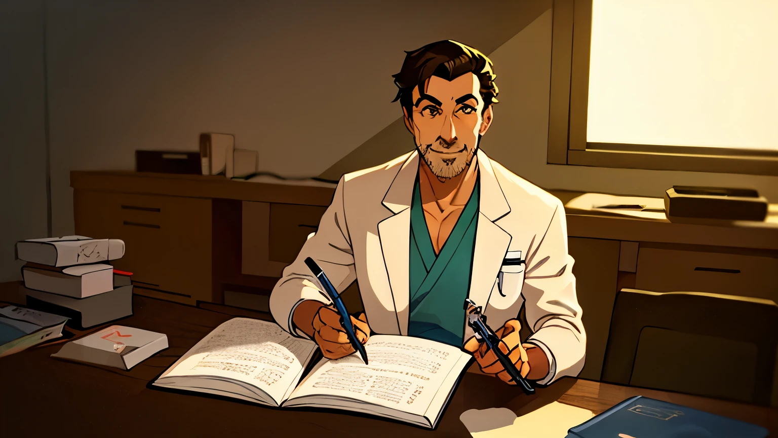 (highres,realistic),(cartoonish,animated) illustration, a male Algerian doctor sitting in his office, writing a prescription. The doctor has dark brown skin and is wearing a white coat. The office is well-lit with natural light coming from a window. The walls are lined with medical books and there is a stethoscope hanging on a hook. On the doctor's desk, there is a notepad and a pen. The doctor is focused and dedicated, with a kind and empathetic expression on his face. The cartoonish style adds a touch of playfulness to the scene, capturing the essence of a doctor in a light-hearted manner. The overall color tone is warm and inviting, with a hint of sepia tones to give it a nostalgic feel.