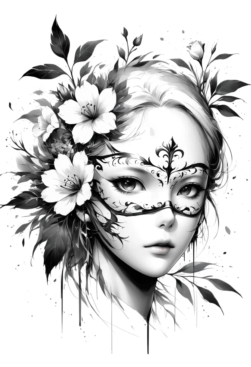 (Anime line drawing:1.5),(Black and White:1.45),Minimalism,(Line art:1.6),sketch,charcoal drawing,mask,flower