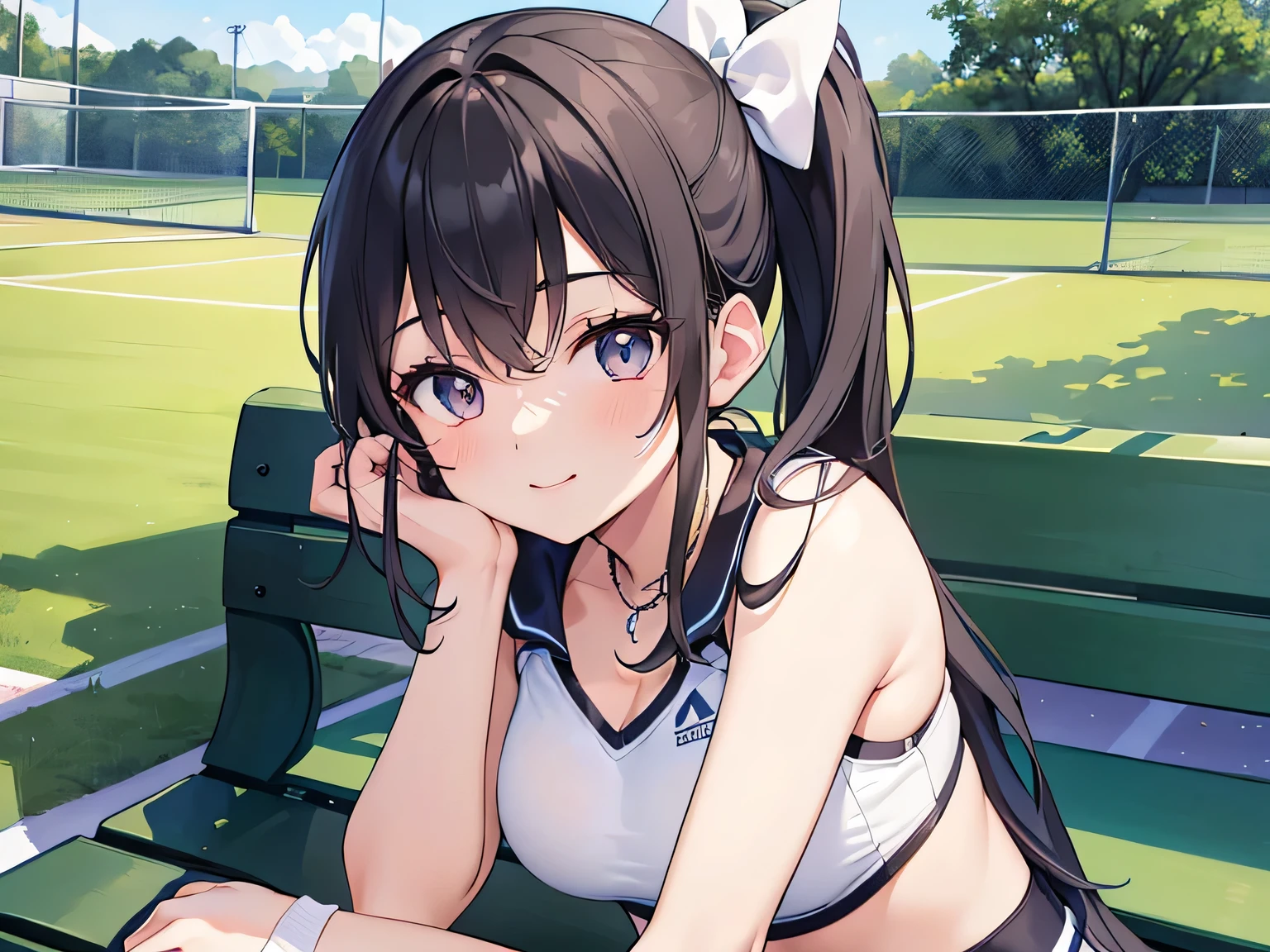 (Masterpiece, highest quality, high resolution, realistic photos, realistic looking skin:1.1),
(woman is a tennis player herself, resting on a bench next to the court:1.5),
(She looks happy:1.5),
(wearing a top and bottom pair of trendy tennis wear:1.8),
(She is wearing white sport socks and tennis shoes:1.8),
(She has black hair in a medium ponytail: 1.5),
(Location: bench next to tennis court:1.5),
1 Japanese girl, solo, full bodied esbian, beautiful eyes, glowing eyes, glowing thighs, NSFW