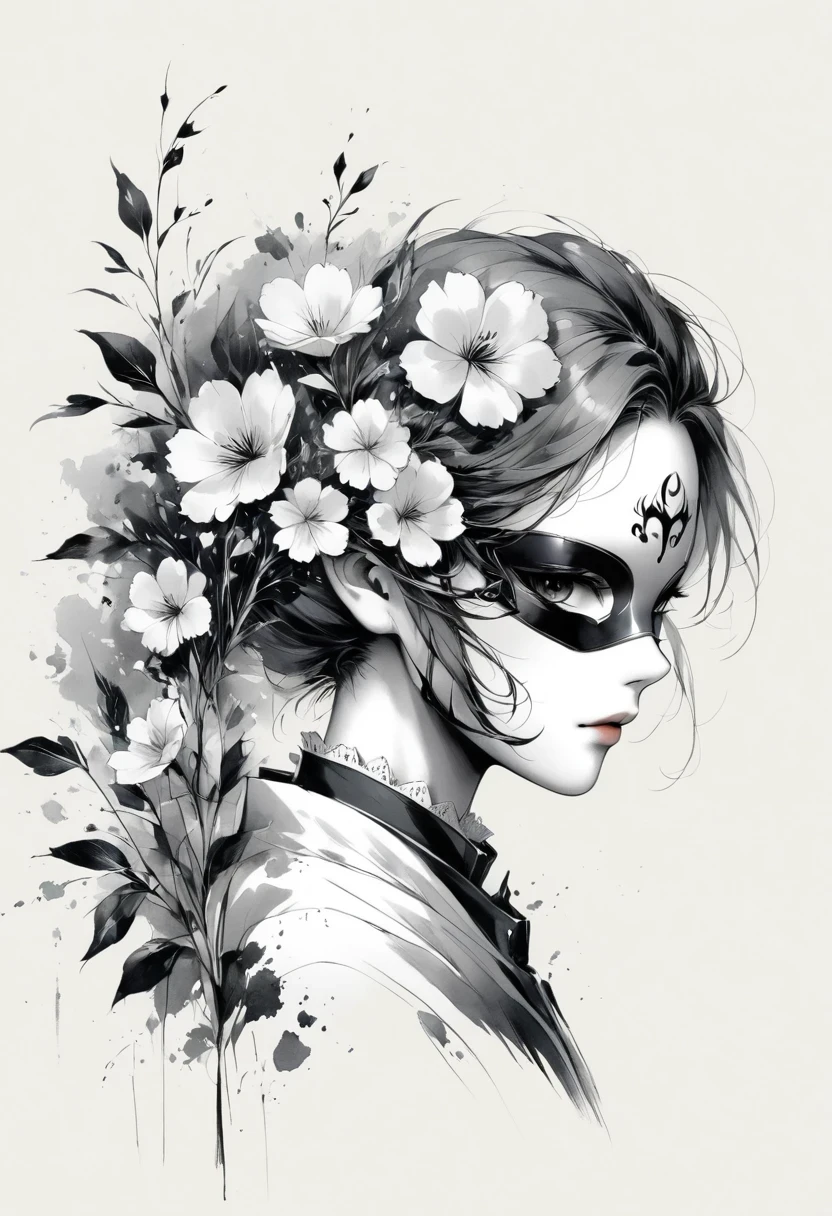 (Anime line drawing:1.5)，(Black and White:1.45)，Minimalism，(Line Art:1.6)，sketch，charcoal drawing，Black Reaper，flower，Ominous Red，Blood splatter