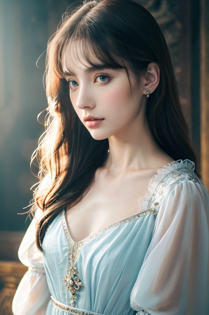 ( masterpiece, top quality, best quality,8k, girl,ultra detailed,raw photo:1.5),(photorealistic:1.4),(cinematic lighting), PerfectNwsjMajic, , Surrealism, UHD, ccurate, Super detail, textured skin, High detail, Best quality, dynamic angle, (high nose,White skin),[Beautiful blue eyes],[flat chest:large breasts:0.5],(1girl),(good anatomy:0.5)), of a woman in a dress with a Magic , ((a beautiful fantasy empress)), beautiful fantasy maiden, Dreamy atmosphere,mystical ambiance, Artistic interpretation,a whimsical illustration, Subtle colors and tones, mystical aura,portrait, parted bangs, long hair,sunshine, portrait