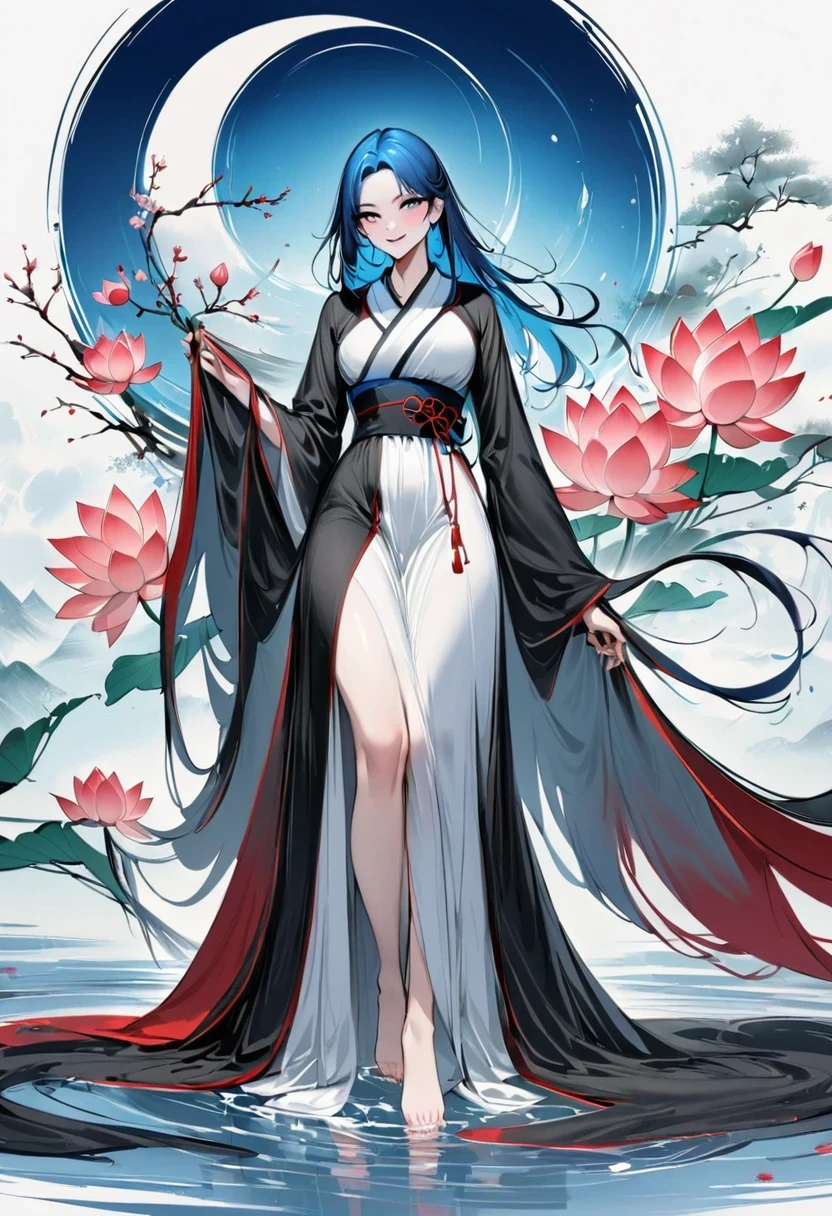 ((4K,masterpiece,best quality)), Bisim, Traditional Chinese ink painting, lotus, Hanfu, maxiskit, Dress conservatively 1girl, Solitary, Blue long hair, Smile, permanent, Feet in water, barefoot,The artwork should transition from a pencil drawing style in black and white on the left half to vibrant colors on the right half, Ensure a seamless integration between the two halves without any dividing line, The scene is identical on both sides, with the left side featuring detailed black and white pencil strokes and the right side filled with colors, creating a harmonious blend across the image