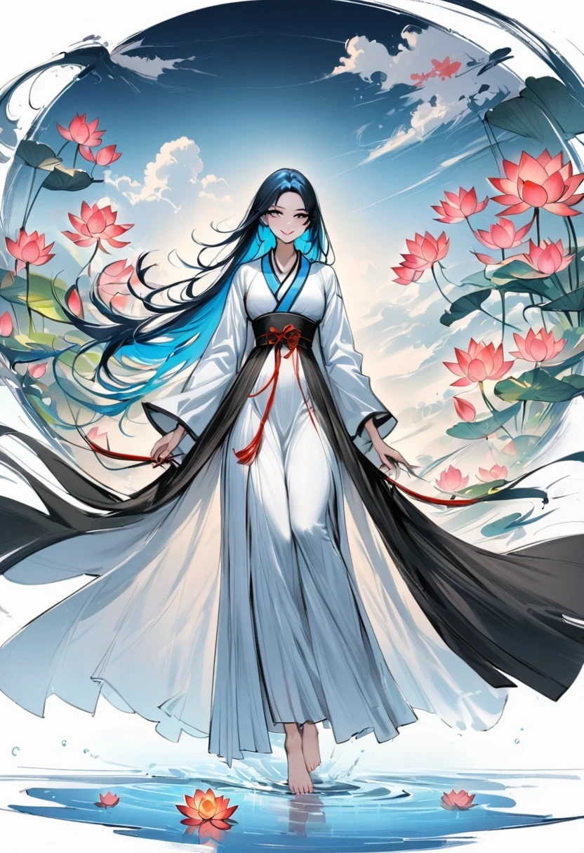 ((4K,masterpiece,best quality)), Bisim, Traditional Chinese ink painting, lotus, Hanfu, maxiskit, Dress conservatively 1girl, Solitary, Blue long hair, Smile, permanent, Feet in water, barefoot,The artwork should transition from a pencil drawing style in black and white on the left half to vibrant colors on the right half, Ensure a seamless integration between the two halves without any dividing line, The scene is identical on both sides, with the left side featuring detailed black and white pencil strokes and the right side filled with colors, creating a harmonious blend across the image
