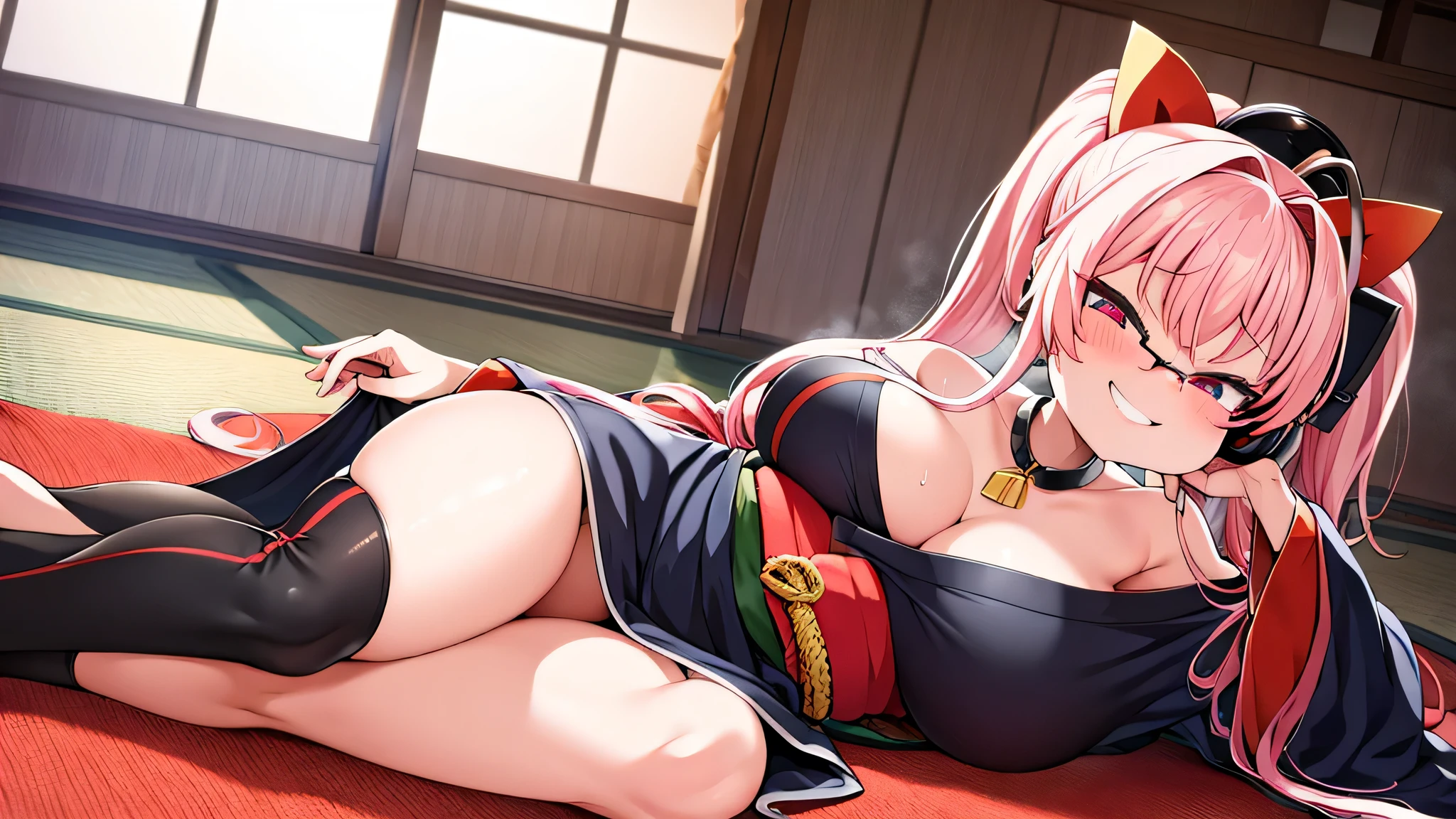 masterpiece、highest quality、1girl , huge breasts、deep cleavage、light pink hair、ponytail、brightly colored eyes、red eyes、black glasses、japanese green kimono、long hakama、flashy necklace、charm、Wet、face turns red, very sweaty, dynamic pose、Lying on the futon、Headphones worn around the neck、flashy hair ornament、mesugaki、ryokan