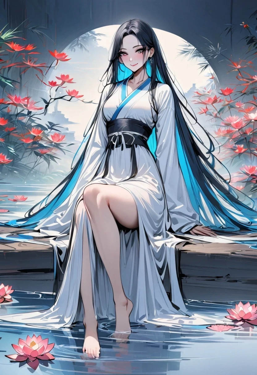 ((4K,masterpiece,best quality)), Bisim, Traditional Chinese ink painting, lotus, Hanfu, maxiskit, Dress conservatively 1girl, Solitary, Blue long hair, Smile, permanent, Feet in water, barefoot,The artwork should transition from a pencil drawing style in black and white on the left half to vibrant colors on the right half, Ensure a seamless integration between the two halves without any dividing line, The scene is identical on both sides, with the left side featuring detailed black and white pencil strokes and the right side filled with colors, creating a harmonious blend across the image