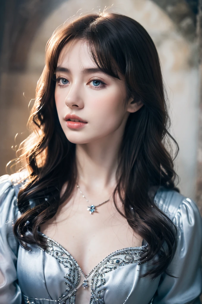 ( masterpiece, top quality, best quality,8k,************ girl,ultra detailed,raw photo:1.5),(photorealistic:1.4),(cinematic lighting), PerfectNwsjMajic, , Surrealism, UHD, ccurate, Super detail, textured skin, High detail, Best quality, dynamic angle, (high nose,White skin),[Beautiful blue eyes],[flat chest:large breasts:0.5],(1girl),(good anatomy:0.5)), of a woman in a dress with a Magic , ((a beautiful fantasy empress)), beautiful fantasy maiden, Dreamy atmosphere,mystical ambiance, Artistic interpretation,a whimsical illustration, Subtle colors and tones, mystical aura,portrait, parted bangs, long hair,sunshine, portrait