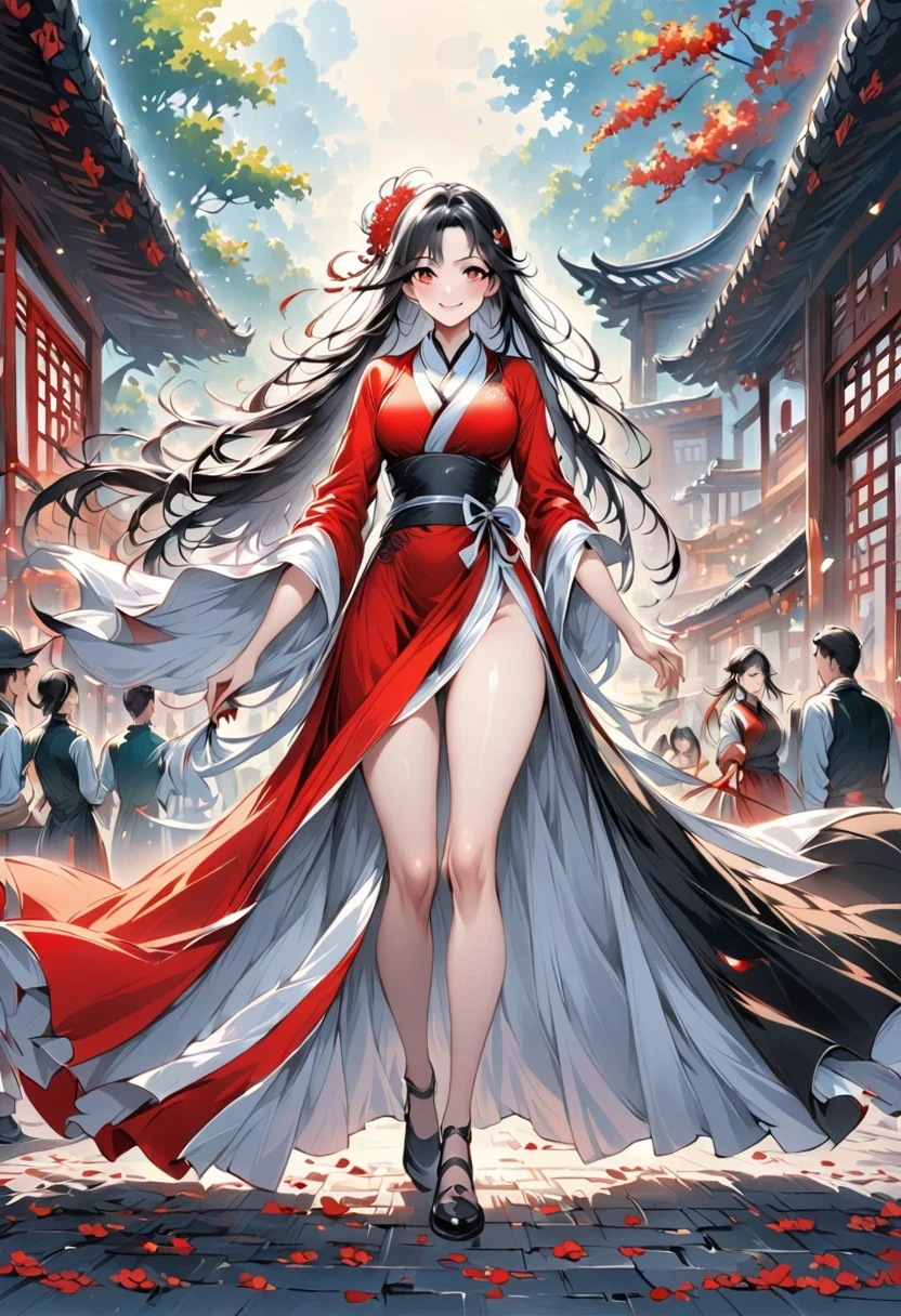 China，Tavern hostess，owner，Red Hanfu，Beautiful hair accessories，Stand up，front，Looking at the audience，Full Body Love，Standing solemnly，Smile，Spring breeze full of petals，Maximum chest，Bare thighs，Fully understand，The artwork should transition from a pencil drawing style in black and white on the left half to vibrant colors on the right half, Ensure a seamless integration between the two halves without any dividing line, The scene is identical on both sides, with the left side featuring detailed black and white pencil strokes and the right side filled with colors, creating a harmonious blend across the image