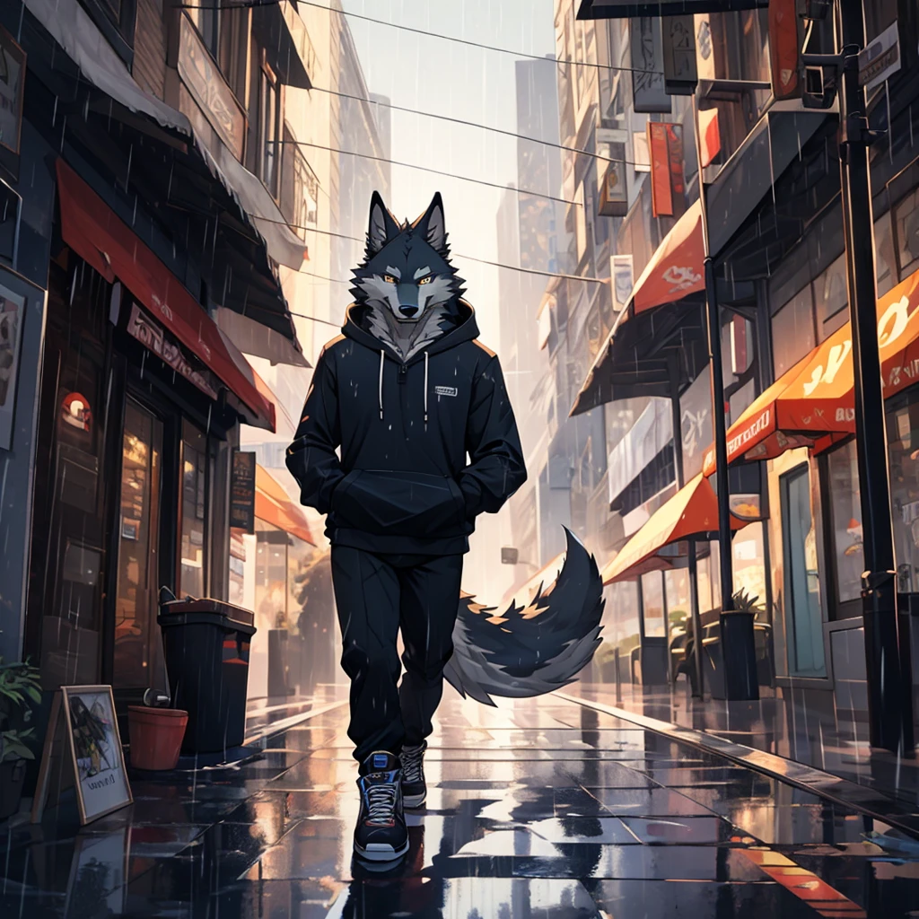 male, black fur, wolf, raining, city street, hoodie, realistic eyes, high quality, highlight, shade, long tail, tail, high detailed, high quality detailes, shadows, sneakers, male focus, Lamborghini 