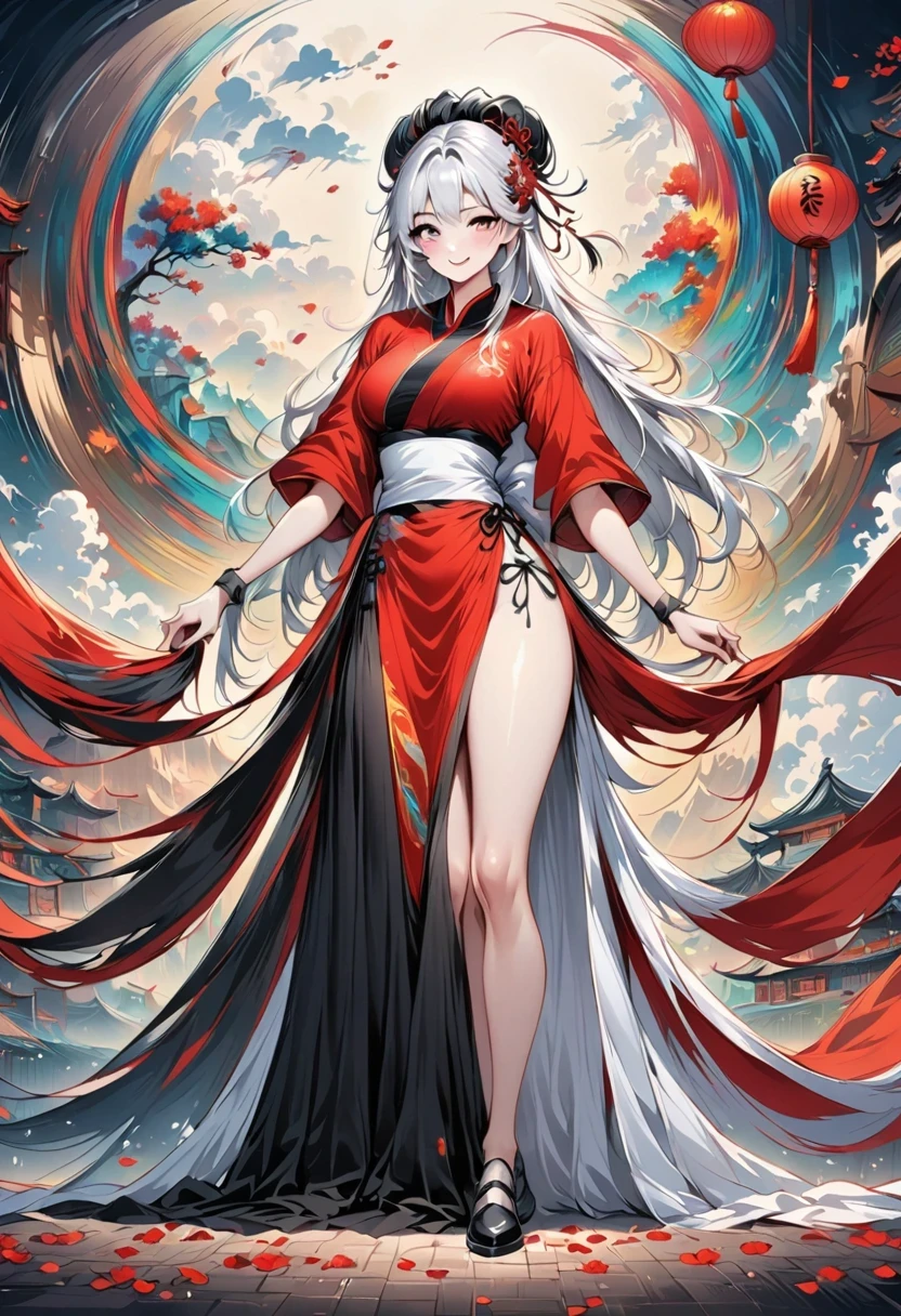 China,Tavern hostess,owner,Red Hanfu,Beautiful hair accessories,Stand up,front,Looking at the audience,Full Body Love,Standing solemnly,Smile,Spring breeze full of petals,Maximum chest,Bare thighs,Fully understand,The artwork should transition from a pencil drawing style in black and white on the left half to vibrant colors on the right half, Ensure a seamless integration between the two halves without any dividing line, The scene is identical on both sides, with the left side featuring detailed black and white pencil strokes and the right side filled with colors, creating a harmonious blend across the image