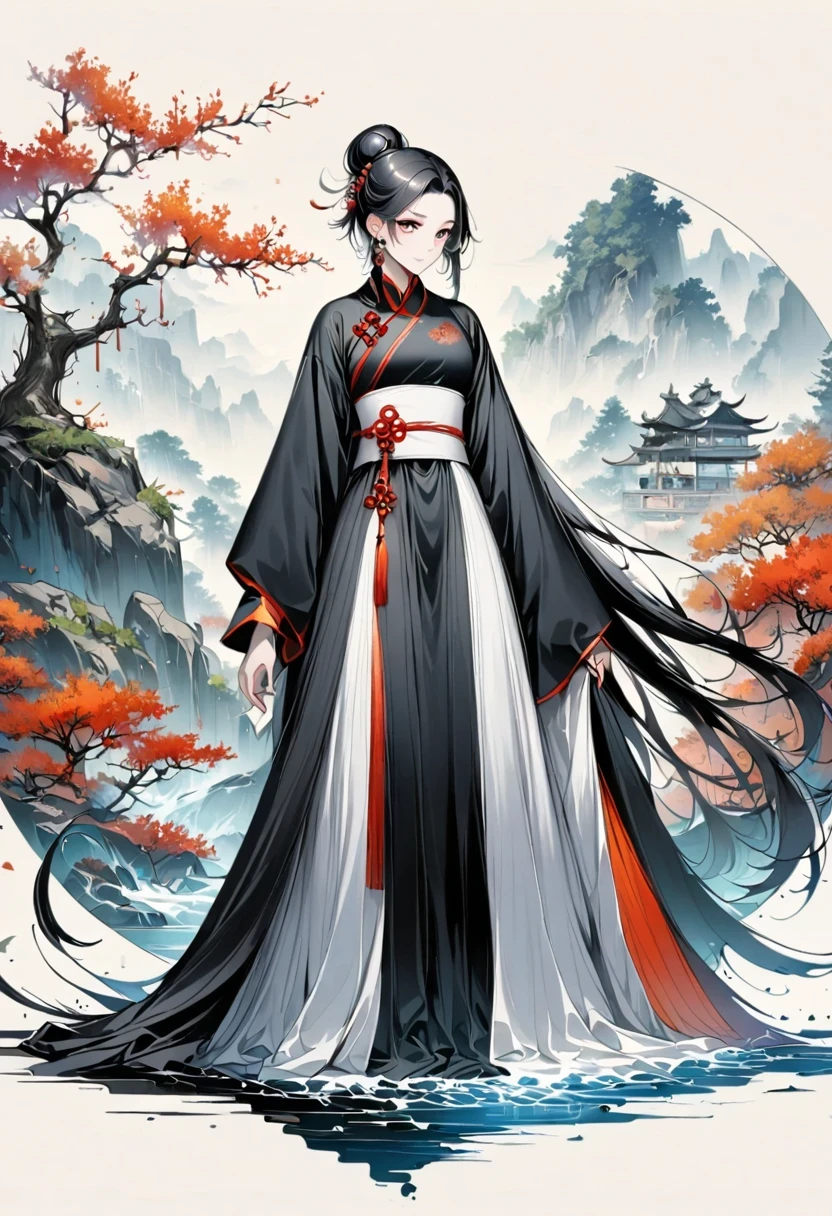 manganese,1 Girl,Solitary,Long hair,water,Black Hair,jewelry,Hair Bun,earrings,Chinese clothes,Hanfu,Hair accessories,flower,Branches,Long sleeve,skirt,rock,sash,single Hair Bun,Tree,whole body,permanent,The artwork should transition from a black and white pencil sketch style on the left half to bright colors on the right half, Ensure seamless integration of the two halves,No dividing line, The scenes on both sides are exactly the same, Detailed black and white pencil strokes on the left,The right side is filled with color, Create a fusion