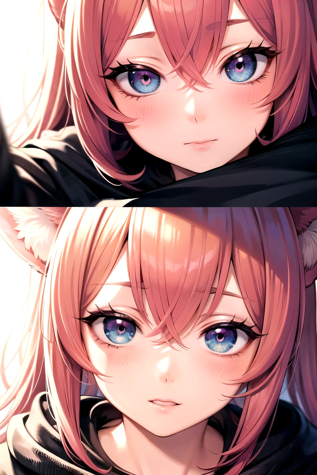 masterpiece, best quality, ultra-detailed, illustration, (1girl), beautiful detailed eyes, looking at viewer, close up, pink hair, shy, cat ears