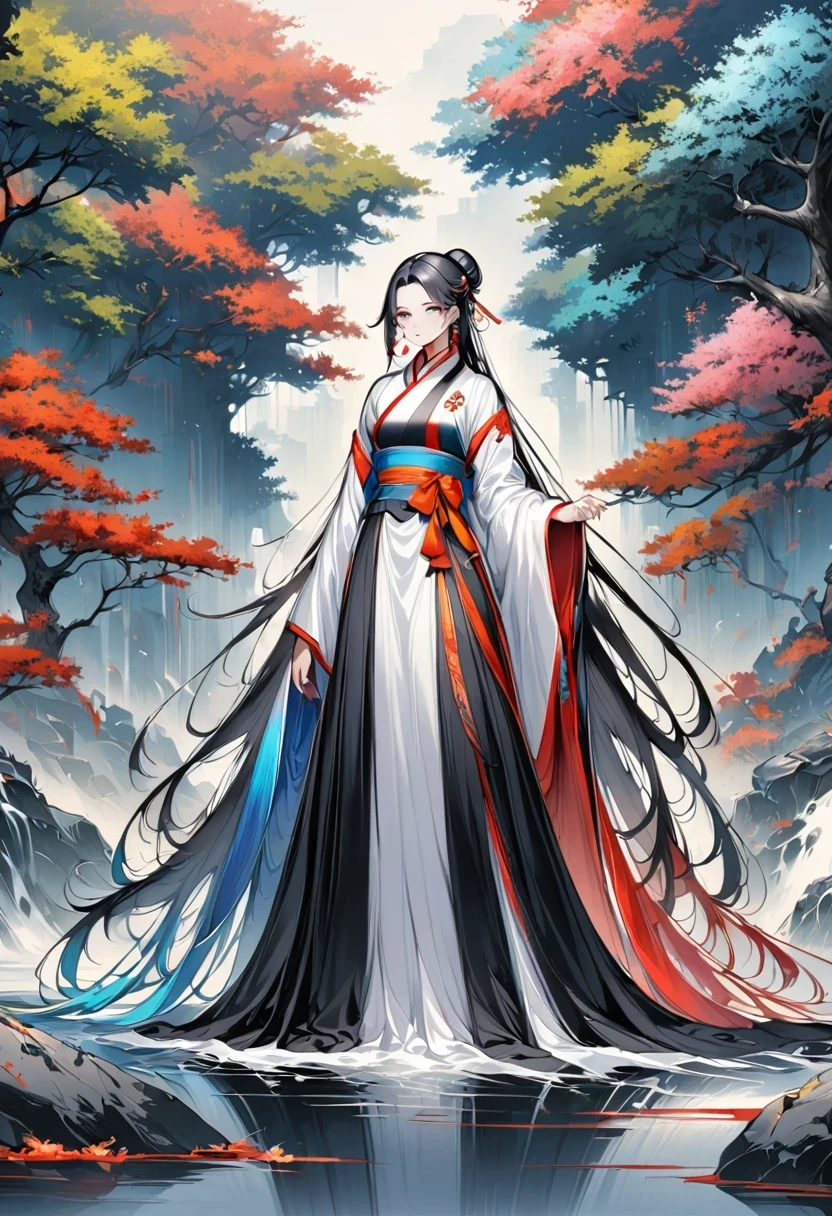 manganese,1 Girl,Solitary,Long hair,water,Black Hair,jewelry,Hair Bun,earrings,Chinese clothes,Hanfu,Hair accessories,flower,Branches,Long sleeve,skirt,rock,sash,single Hair Bun,Tree,whole body,permanent,The artwork should transition from a black and white pencil sketch style on the left half to bright colors on the right half, Ensure seamless integration of the two halves,No dividing line, The scenes on both sides are exactly the same, Detailed black and white pencil strokes on the left,The right side is filled with color, Create a fusion
