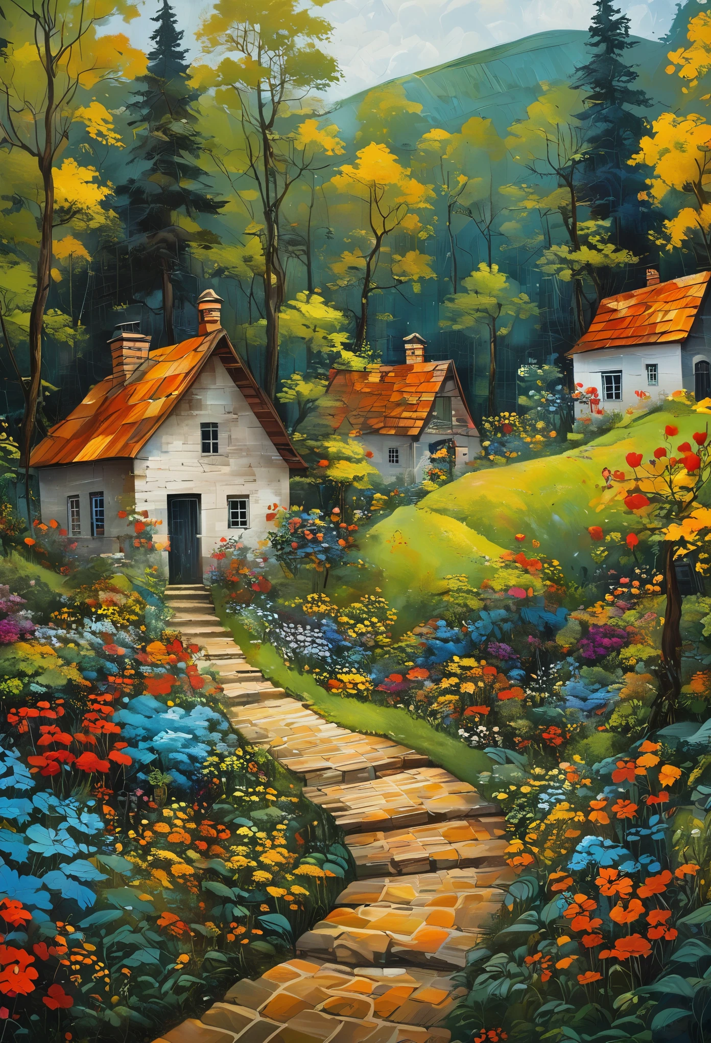 (masterpiece, best quality:1.2),Graphic Geometric Art，There is a path leading to a house in the painting, Village in the forest, A small village, A beautiful house on a forest path, An ancient village, and a little house in the forest