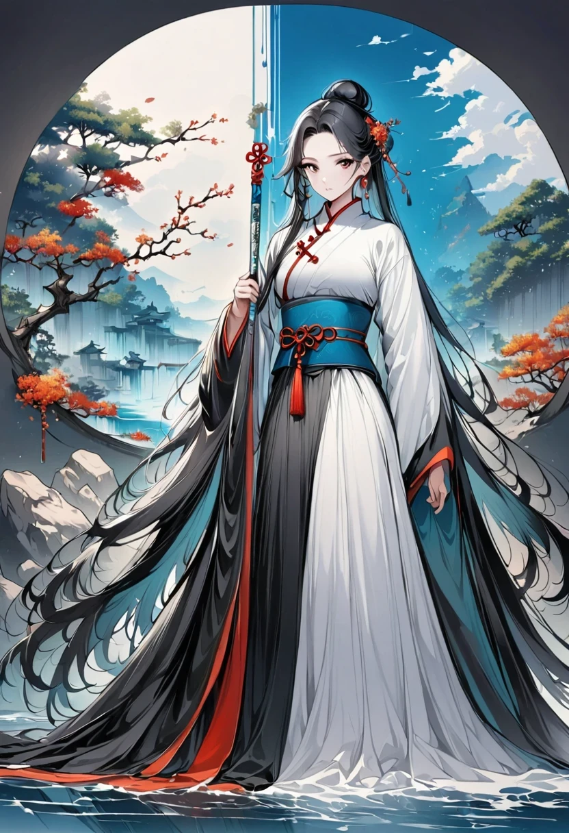 manganese,1 Girl,Solitary,Long hair,water,Black Hair,jewelry,Hair Bun,earrings,Chinese clothes,Hanfu,Hair accessories,flower,Branches,Long sleeve,skirt,rock,sash,single Hair Bun,Tree,whole body,permanent,The artwork should transition from a black and white pencil sketch style on the left half to bright colors on the right half, Ensure seamless integration of the two halves,No dividing line, The scenes on both sides are exactly the same, Detailed black and white pencil strokes on the left,The right side is filled with color, Create a fusion