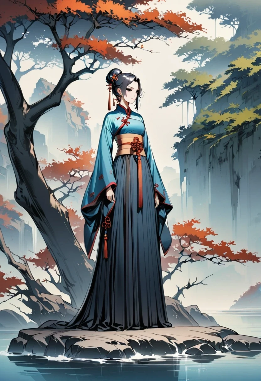 manganese,1 Girl,Solitary,Long hair,water,Black Hair,jewelry,Hair Bun,earrings,Chinese clothes,Hanfu,Hair accessories,flower,Branches,Long sleeve,skirt,rock,sash,single Hair Bun,Tree,whole body,permanent,