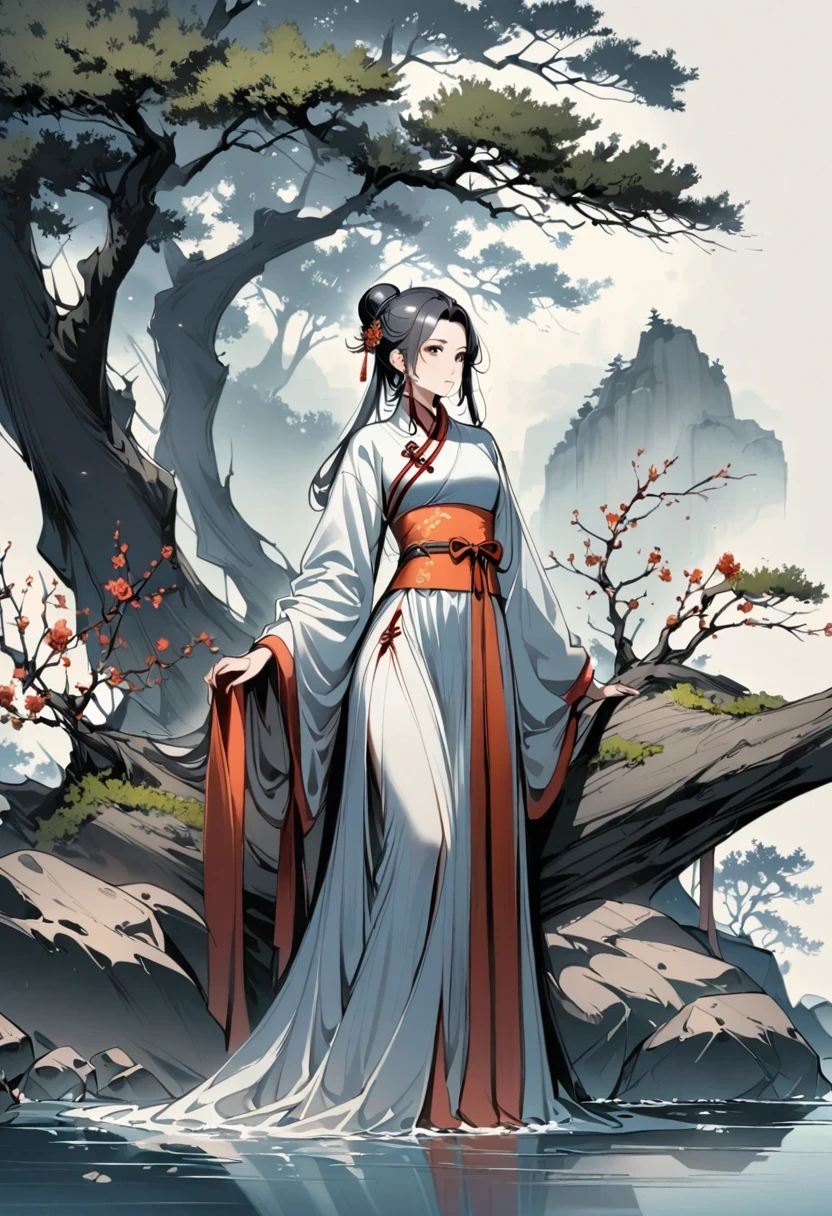 manganese,1 Girl,Solitary,Long hair,water,Black Hair,jewelry,Hair Bun,earrings,Chinese clothes,Hanfu,Hair accessories,flower,Branches,Long sleeve,skirt,rock,sash,single Hair Bun,Tree,whole body,permanent,