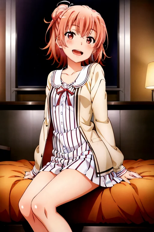 ((highest quality)), ((masterpiece)), (be familiar with), Perfect Face, indoor, Bedroom, Watching the audience,
One woman, Yuigahama Yui,
Open Mouth, Ecstatic expression, blush, smile,
Small breasts, Flat Chest, Young Girl, , , Girl,
Short Hair, Salmon-colored hair, Salmon-colored eyes, Side Pony,
Leg spread,