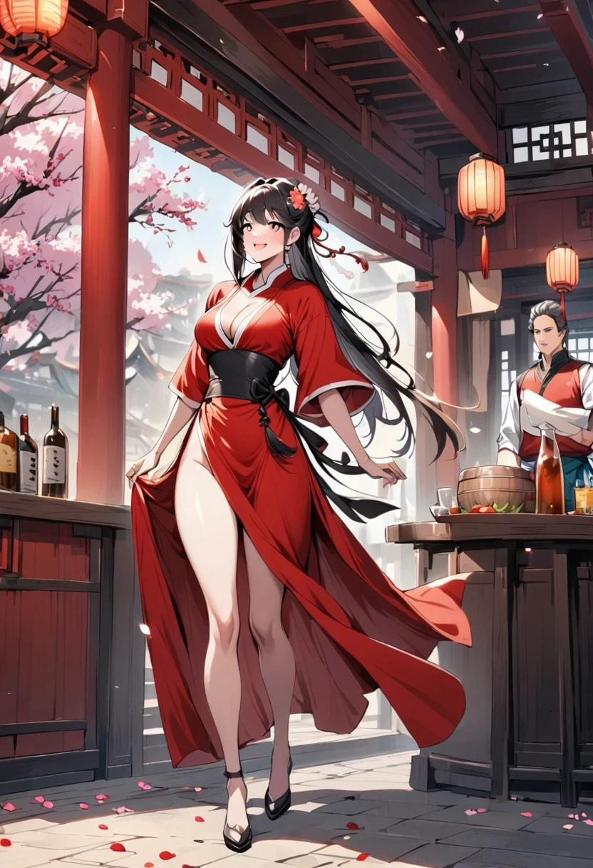 China,Tavern hostess,owner,Red Hanfu,Beautiful hair accessories,Stand up,front,Looking at the audience,Full Body Love,Standing solemnly,Smile,Spring breeze full of petals,Maximum chest,Bare thighs,Fully understand