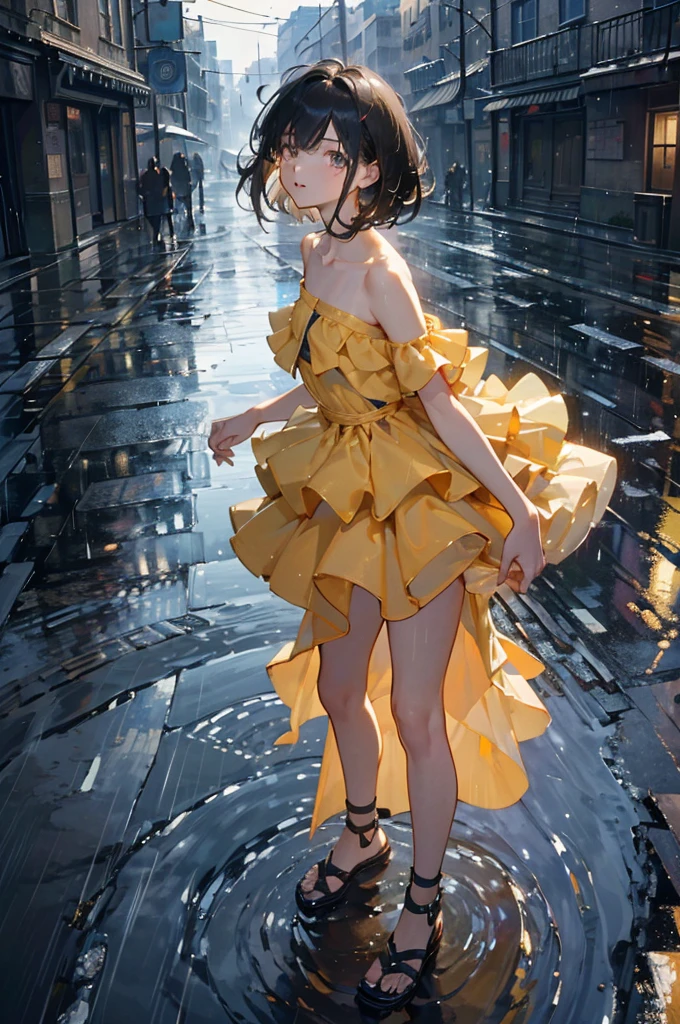 (highest quality, 8k, masterpiece: 1.3)), concentrated: 1.2, Perfect body beauty: 1.4, Hips: 1.2, ((Layered Haircut, Flat Chest: 1.2)), (rain, street:1.3), Bandeau dress: 1.1, Highly detailed face and skin texture, Beautiful Eyes, double eyelid, White skin, Long Hair, (shut up: 1.3), whole body