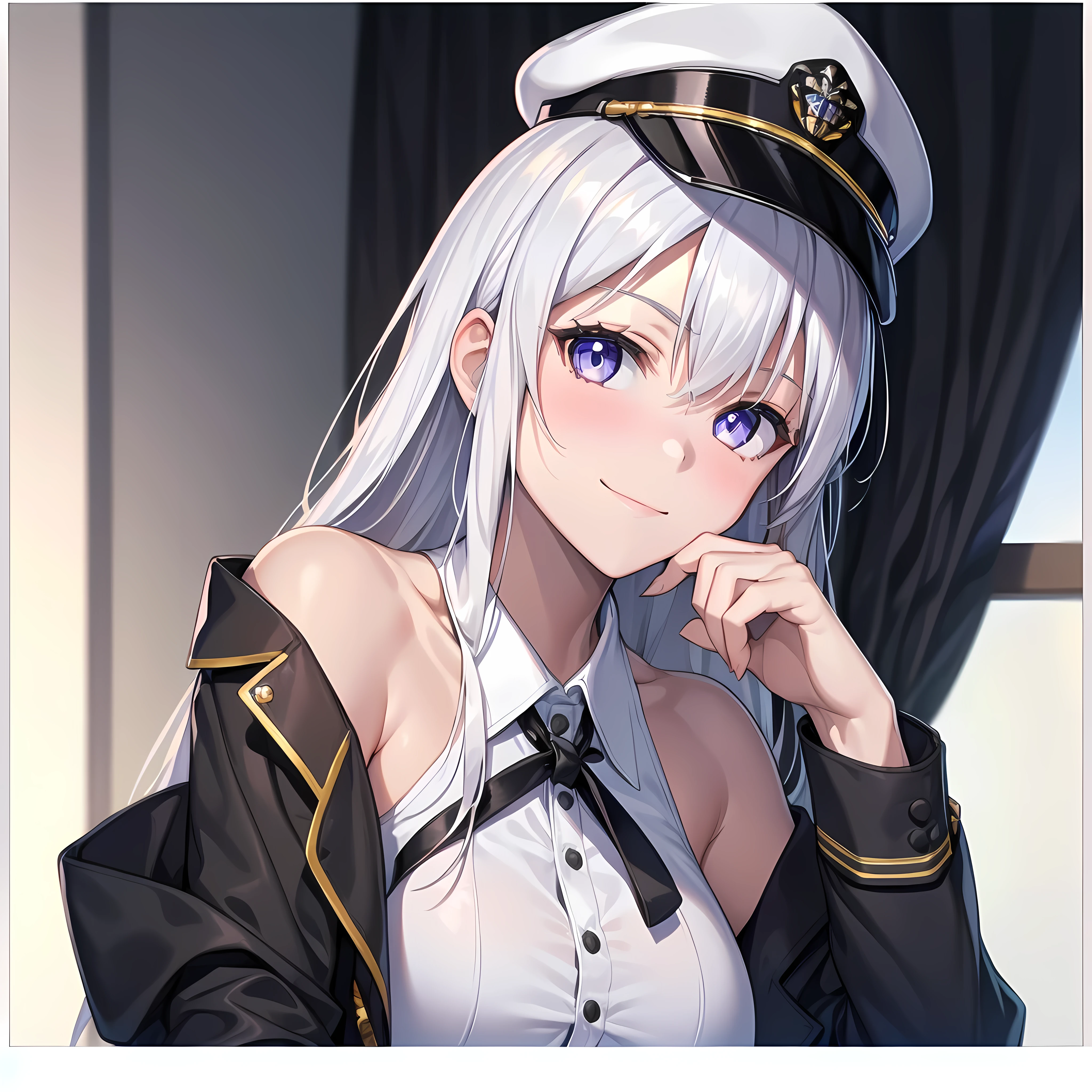 1girl,male_pov,big_breasts,lavender_eyes,white hair,Face turning to the left,Looking at the viewer,white military hat,Hand on cap,small face, high_detailed_hands,high_res, high_definition,long hair, Bare shoulders, bare shoulders,Black tie,White shirt,small smile,Black jacket,